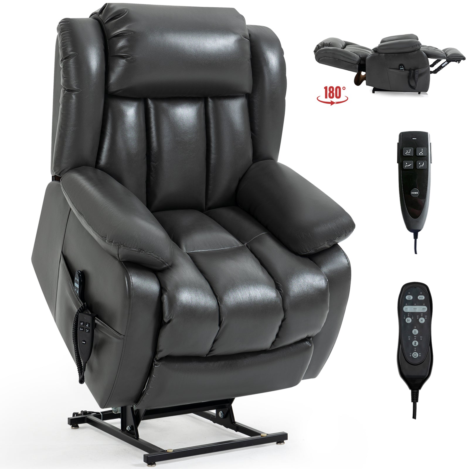 Dual Motor Infinite Position Up To 350 Lbs Electric Medium Size Grey Power Lift Recliner Chair With 8 Point Vibration Massage And Lumbar Heating White Metal Primary Living Space Heavy Duty Pine Antique Gray Faux Leather Power Remote Medium Firm Pillow