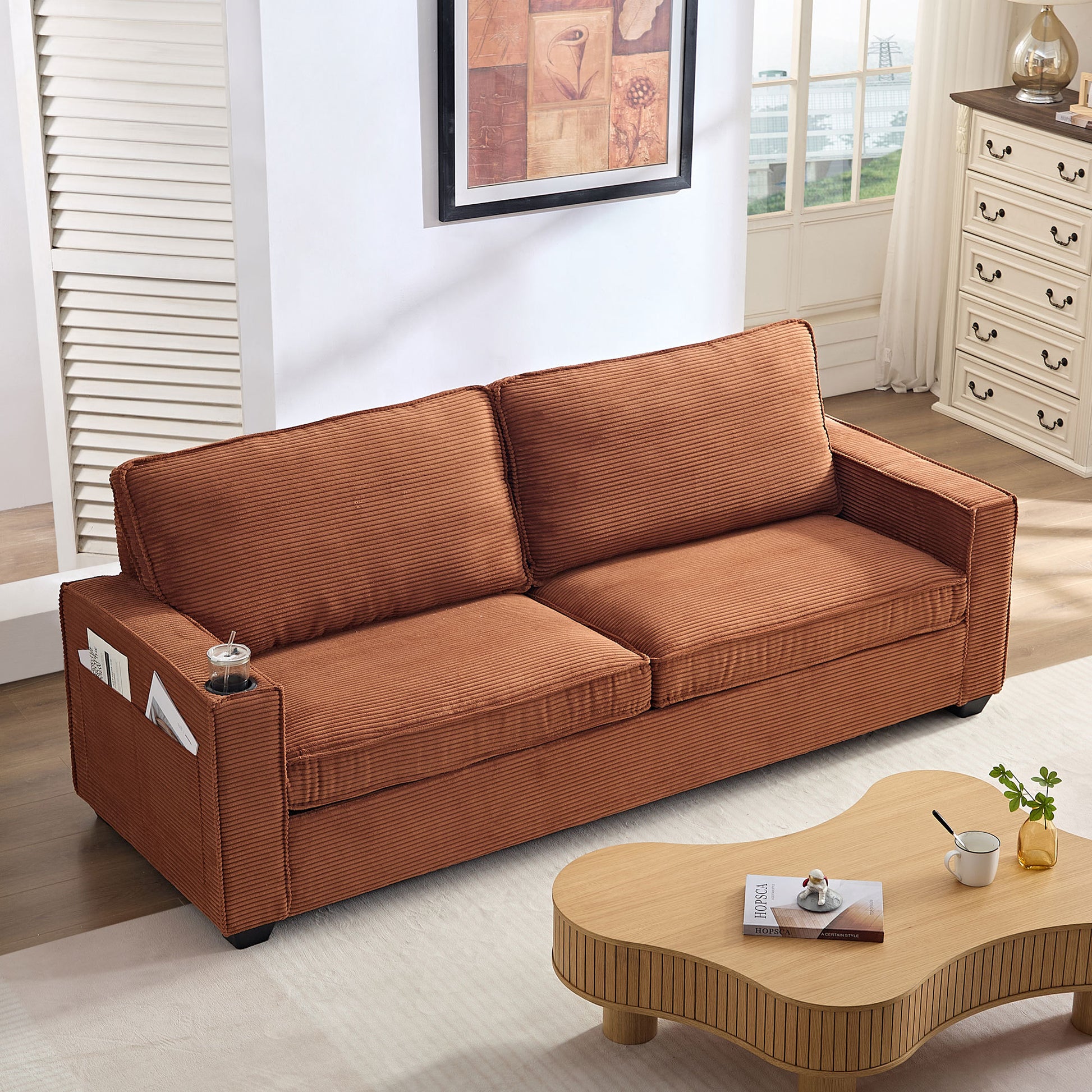 Corduroy Sofa, 87.4 Inch Modern Design Sofa With Cup Holder And Storage Bags, Deep Seat Sofa Couch,Comfy Couch For Living Room,Apartment,Brown Brown Corduroy 3 Seat