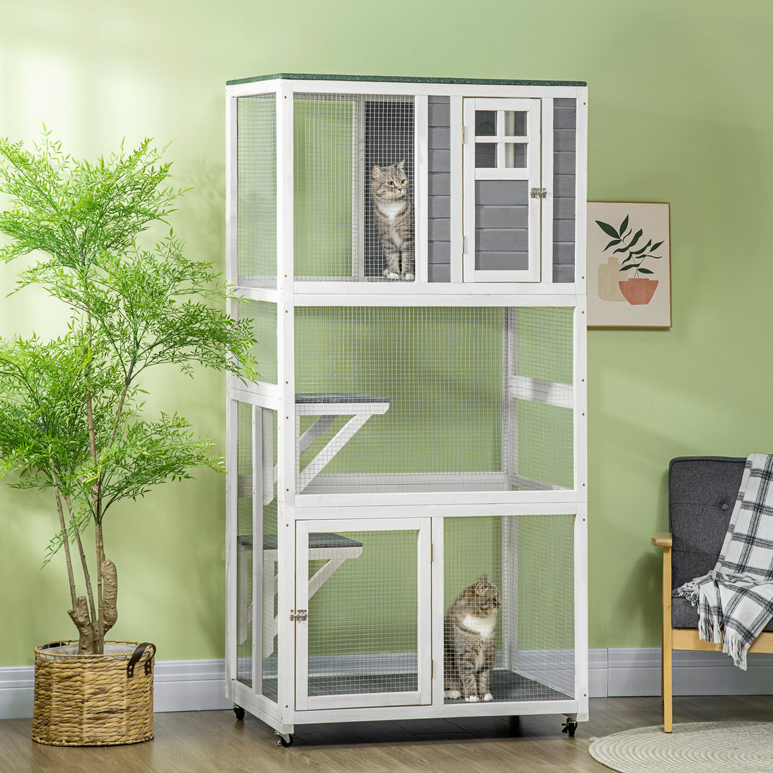 Pawhut 74" Wooden Outdoor Cat House Weatherproof & Wheeled, Catio Outdoor Cat Enclosure With High Weight Capacity, Kitten Cage Condo, Gray Gray Wood