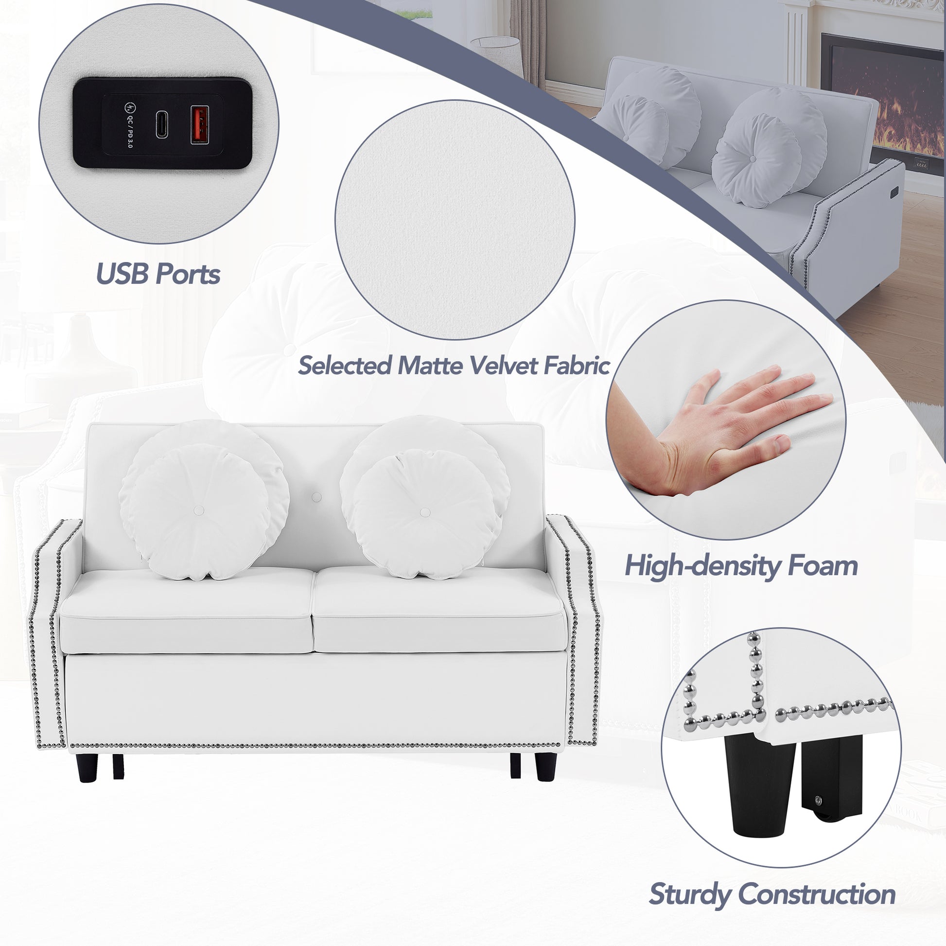 54.7" Multiple Adjustable Positions Sofa Bed Stylish Sofa Bed With A Button Tufted Backrest, Two Usb Ports And Four Floral Lumbar Pillows For Living Room, Bedroom,Or Small Space, Beige Beige Foam Polyester 2 Seat