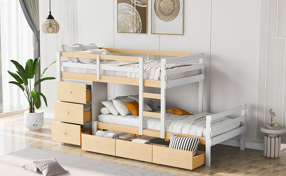 Twin Over Twin Loft Bunk Bed With Drawers And Ladder, Natural Twin Natural Pine