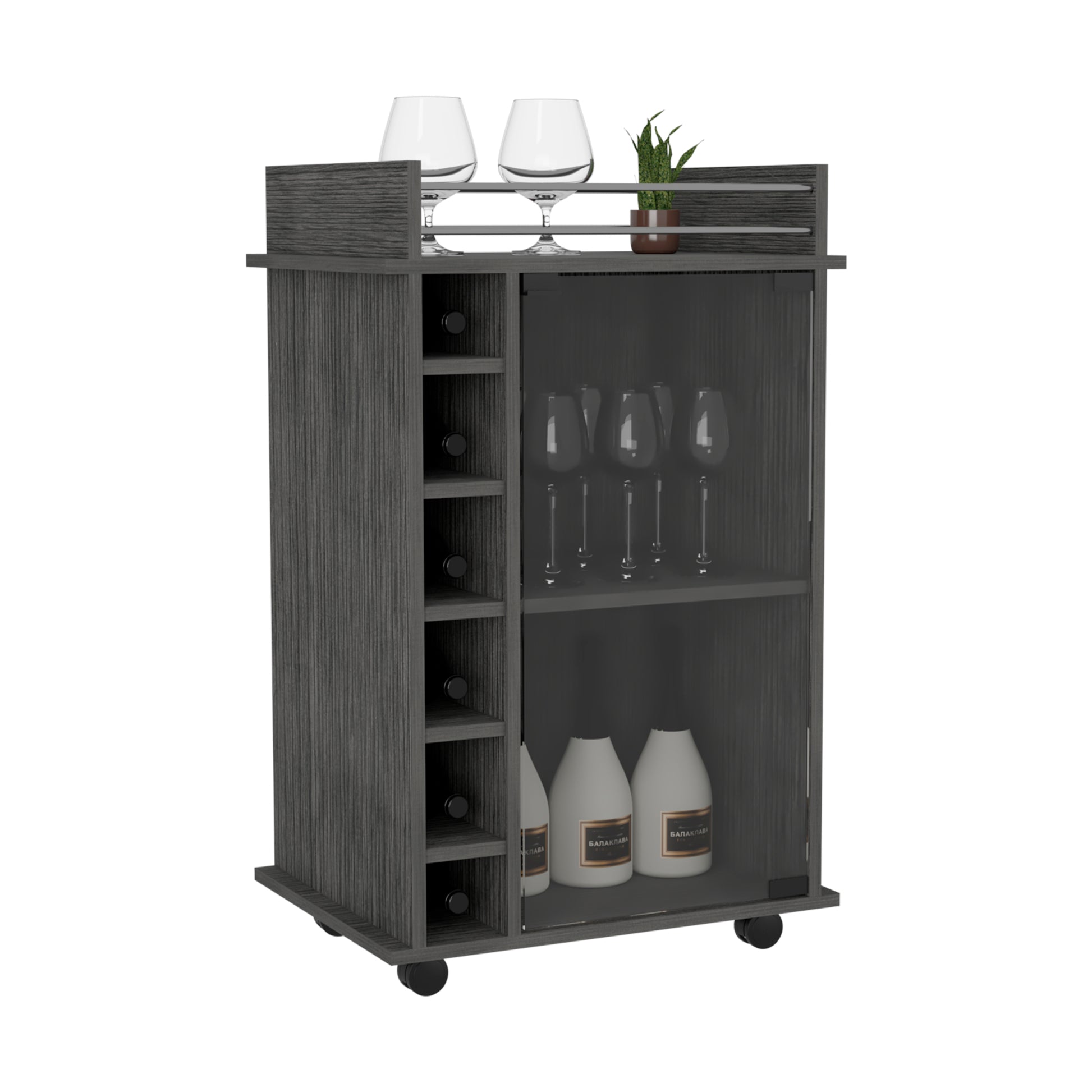 Bar Cart, Glass Door, Four Casters, Two Shelves, Smokey Oak Gray Particle Board Particle Board