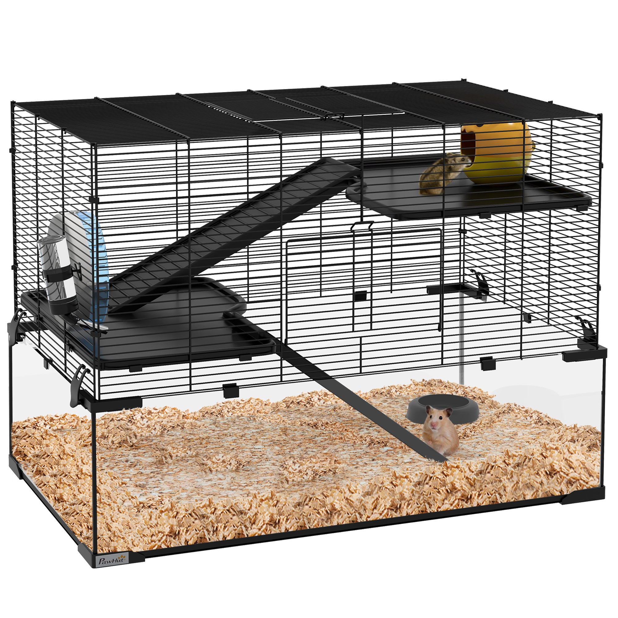 Pawhut Hamster Cage, 31" Gerbil Cage With Glass Basin, Ramps, Platforms, Hut, Exercise Wheel, For Small Hamsters, Black Black Steel