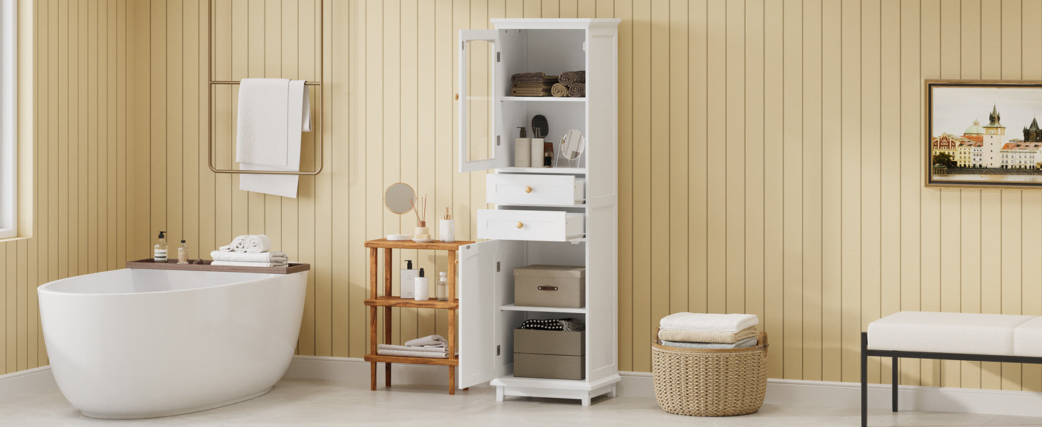 Tall Bathroom Storage Cabinet With Glass Doors, Free Standing, Two Drawers, And Adjustable Shelves, Mdf Board, Painted White Perfect For Displaying Your Favorite Items 2 White 2 4 Adjustable Shelves Bathroom Freestanding Partice Board Mdf Pine Wood