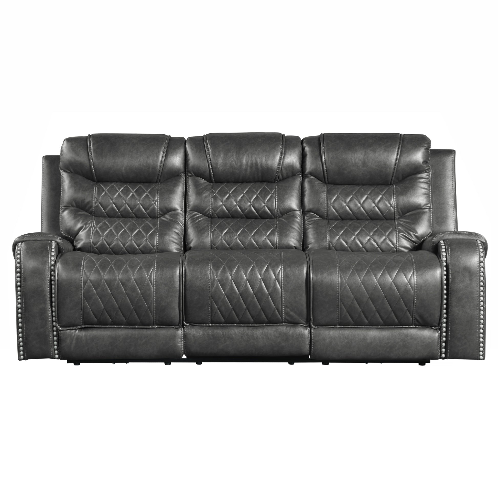 Luxurious Living Room Furniture Grayfaux Leather Upholstery 1Pc Power Double Reclining Sofa With Center Drop Down Cup Holders, Usb Ports, Diamond Pattern Stitching Gray Faux Leather Wood Primary Living Space Luxury,Modern Solid Wood 3 Seat