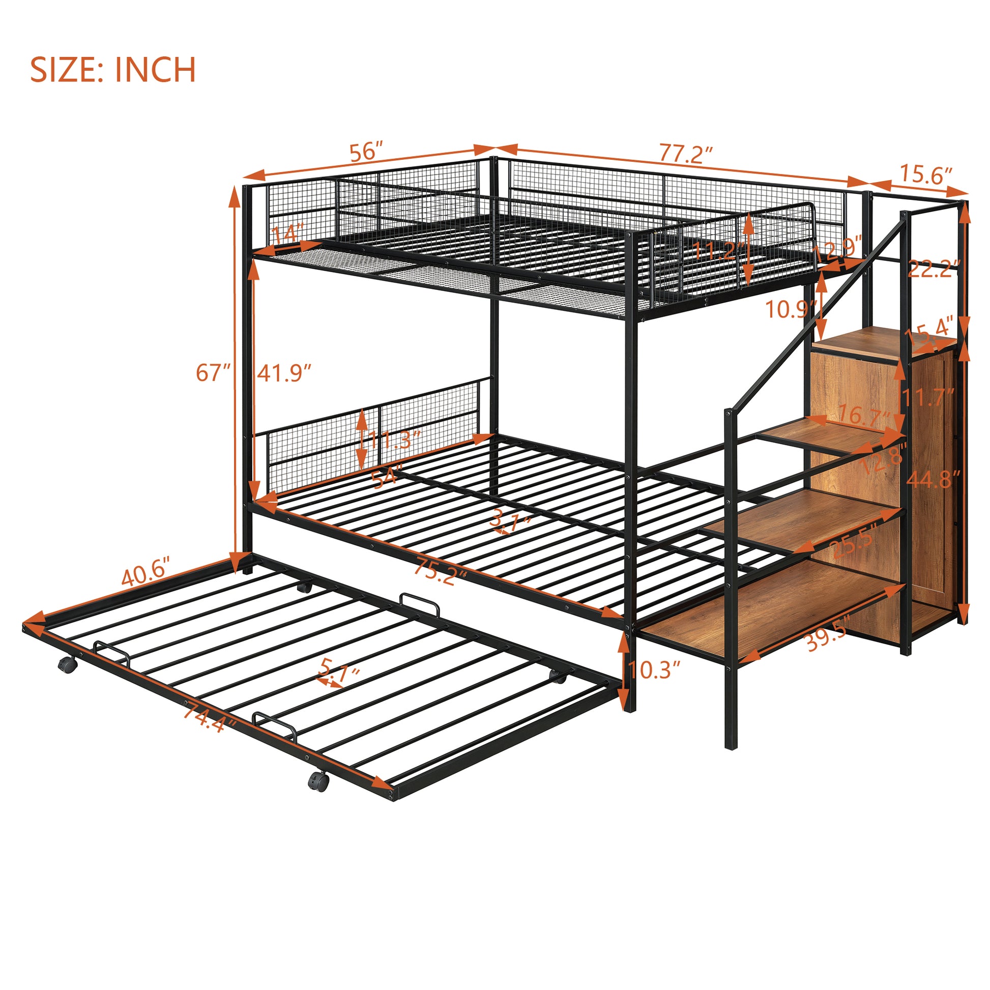 Twin Over Full Metal Bunk Bed With Trundle And Lateral Storage Ladder And Wardrobe, Black Black Metal