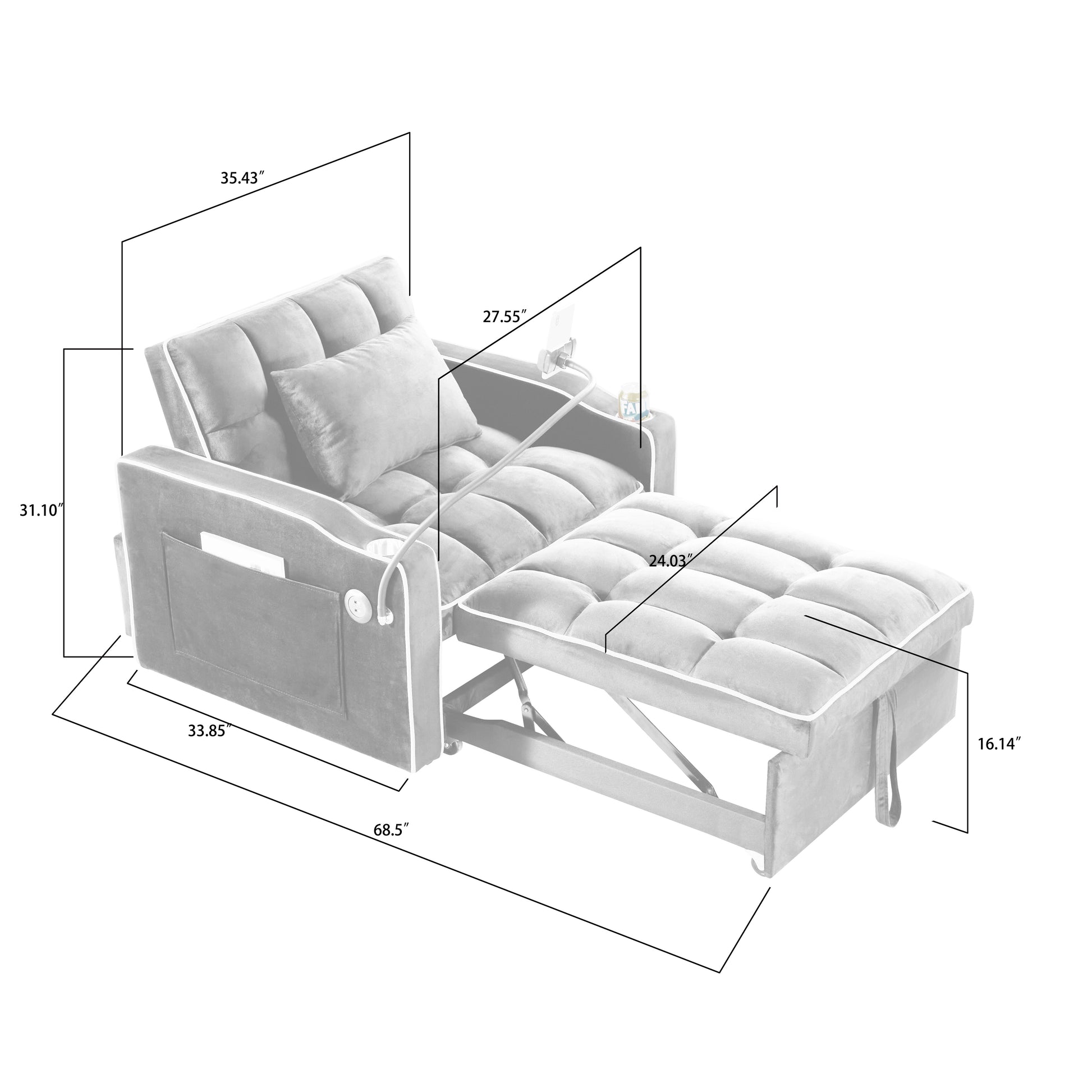Convertible Sleeper Chair Sofa Bed Adjustable Pull Out Sleeper Chair Bed Multi Pockets Folding Sofa Bed For Living Room Bedroom Small Space,3 In 1 Sofa Bed, Black Black Velvet 1 Seat