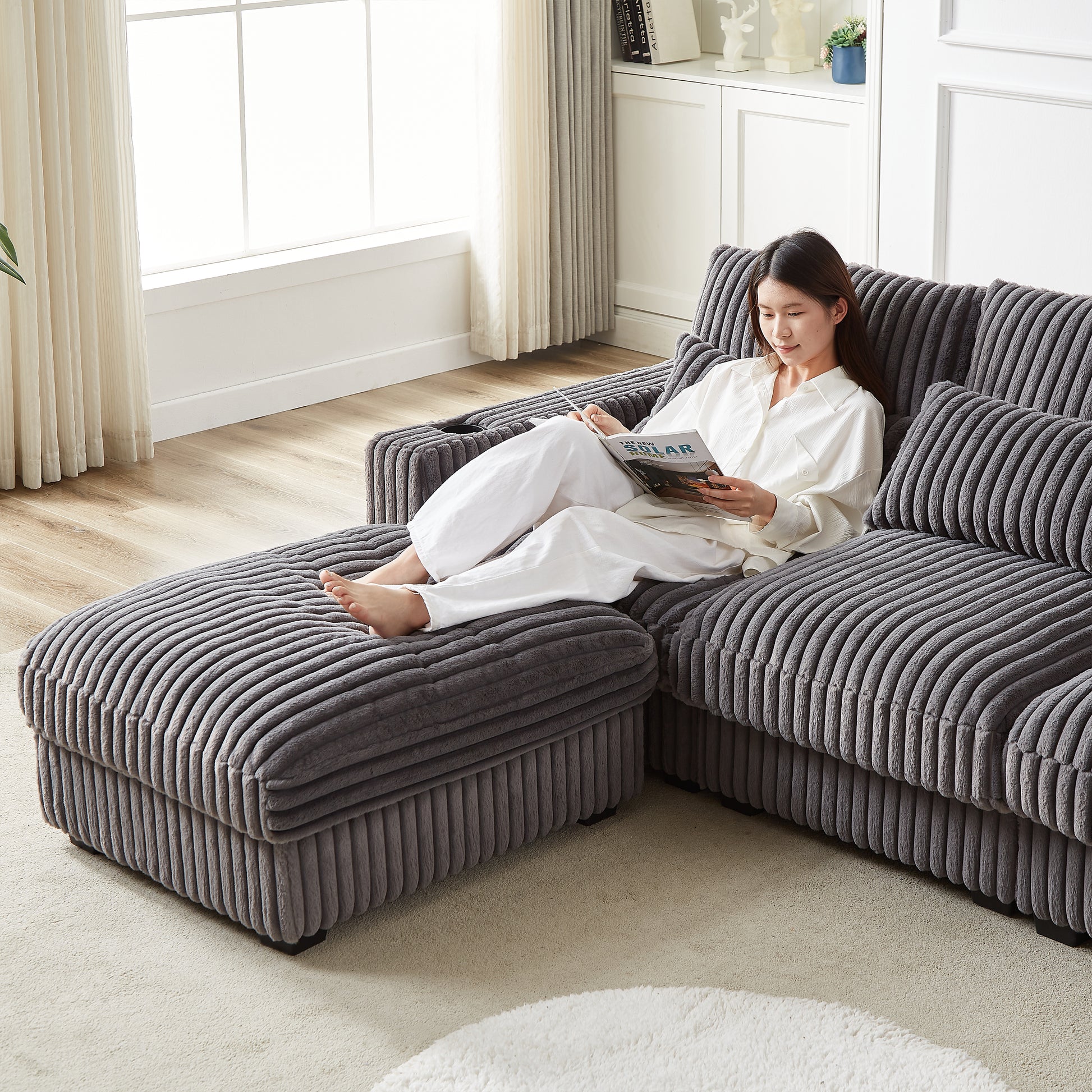 128 Inch Corduroy With Cup Holder Super Large L Shaped Sofa, Movable Footrest, Four Waist Pillows And Four Back Cushion, With Usb Port And T Pyce Port Grey Corduroy 4 Seat