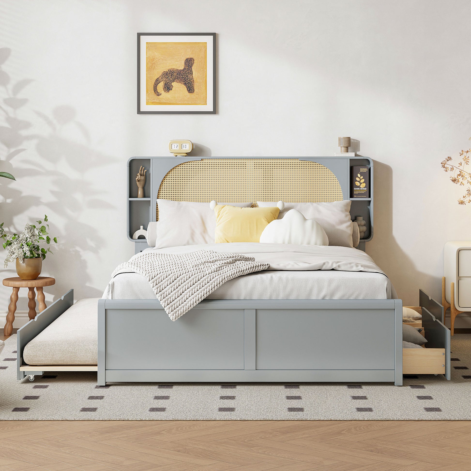 Queen Size Rattan Headboard Bed With Two Drawers And Trundle, Gray Queen Gray Solid Wood Mdf