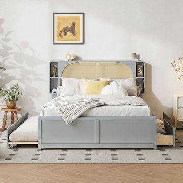 Queen Size Rattan Headboard Bed With Two Drawers And Trundle, Gray Queen Gray Solid Wood Mdf