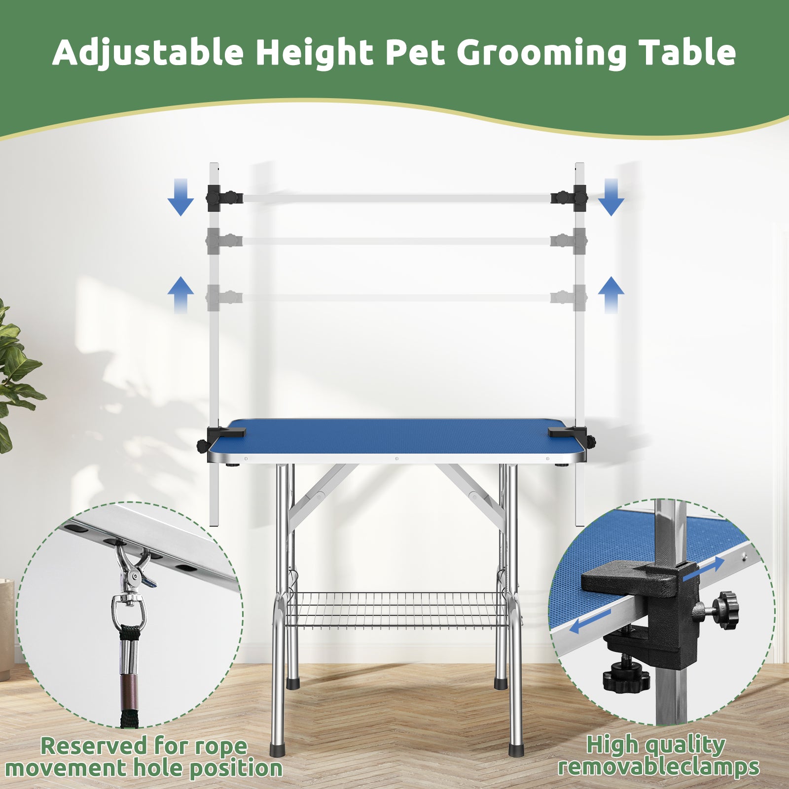 42 Inch Foldable Dog Grooming Table For Home With Adjustable Arm, Noose, Non Slip Surface, And Storage Mesh Tray Blue Mdf Metal