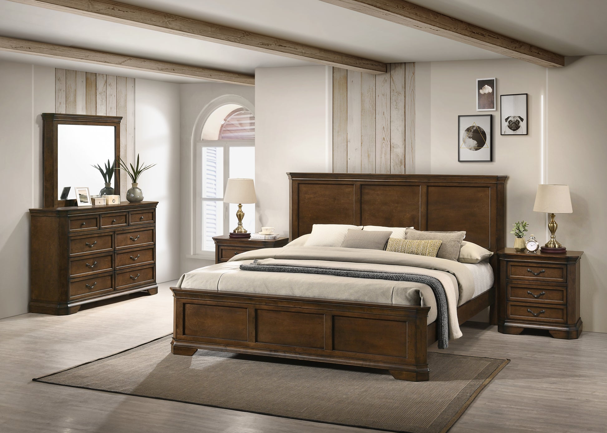 Maderne Traditional Wood Panel Bed With Dresser, Mirror, Two Nightstands, Queen Size Box Spring Required Queen Walnut Brown Wood Brown 5 Piece Set Bedroom Bed Included,Dresser Included,Mirror Included,Nightstand Included American Traditional,Traditional