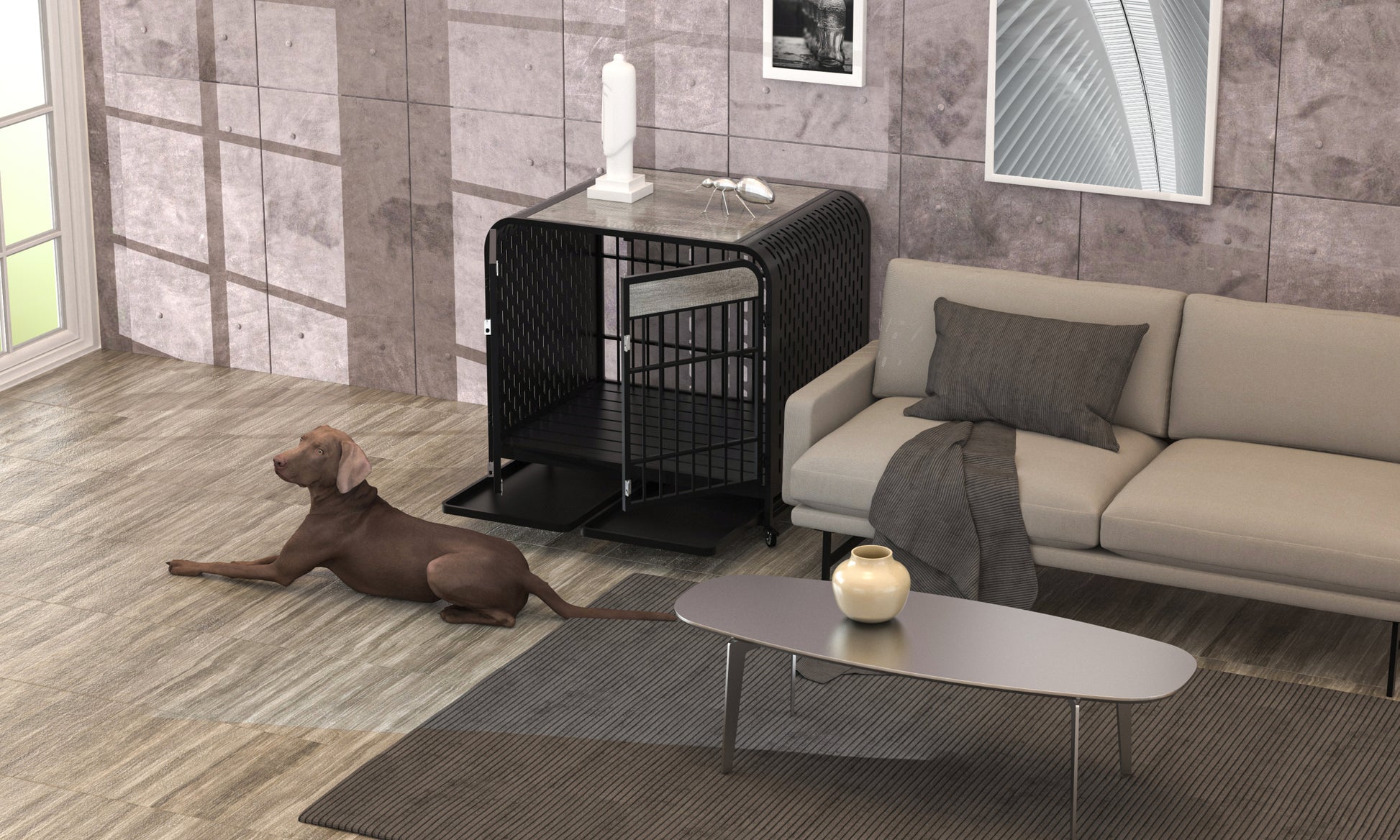 Heavy Duty Dog Crate Furniture Wooden Table Pet Dog Cage Kennel House Indoor Side End Table Decor With Removable Trays And Lockable Wheels For Medium And Large Dogs 40" Grey Grey Outdoor Kennel Medium 26 40 Lbs Mdf Steel