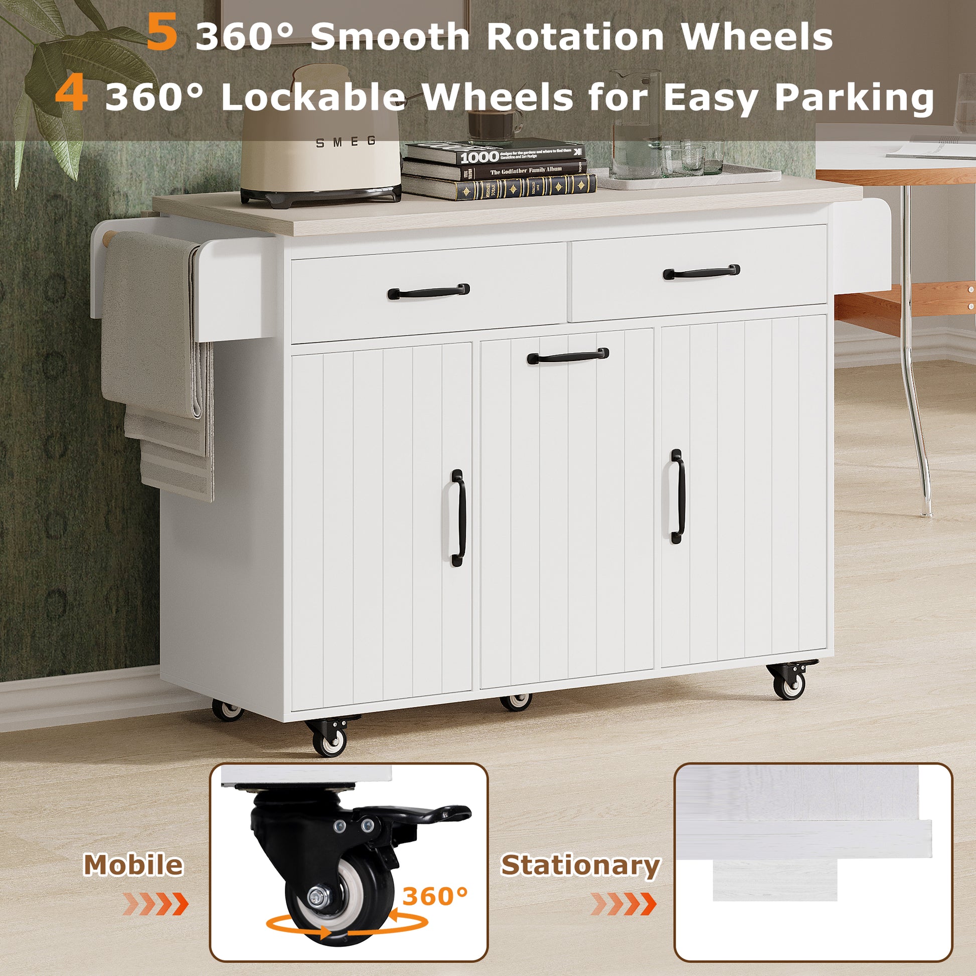 K&K Kitchen Island With Trash Can Storage Cabinet, Kitchen Cart With Drop Leaf, Spice Rack, Towel Rack And Drawer, Rolling Kitchen Island On Wheels With Adjustable Shelf, White Ameican White Oak