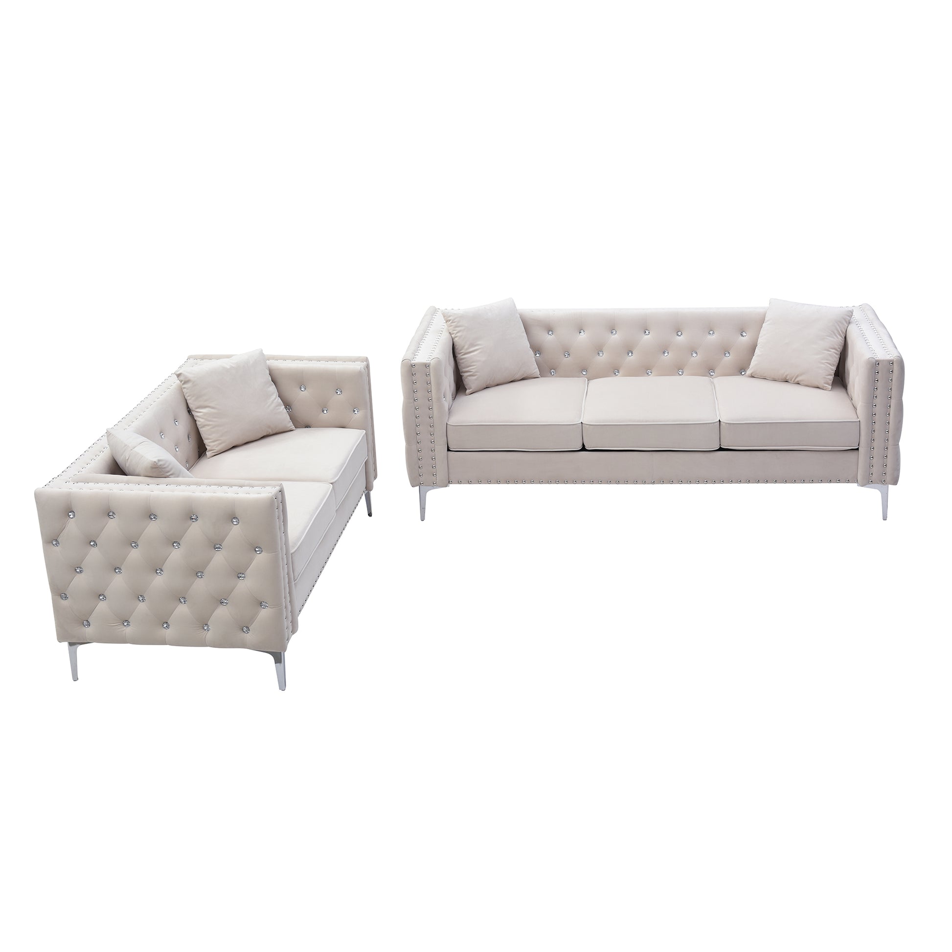 2 Piece Modern Velvet Living Room Set With Sofa And Loveseat,Jeweled Button Tufted Copper Nails Square Arms,4 Pillows Included,Beige,4 Colors Beige Primary Living Space Modern Velvet 5 Seat