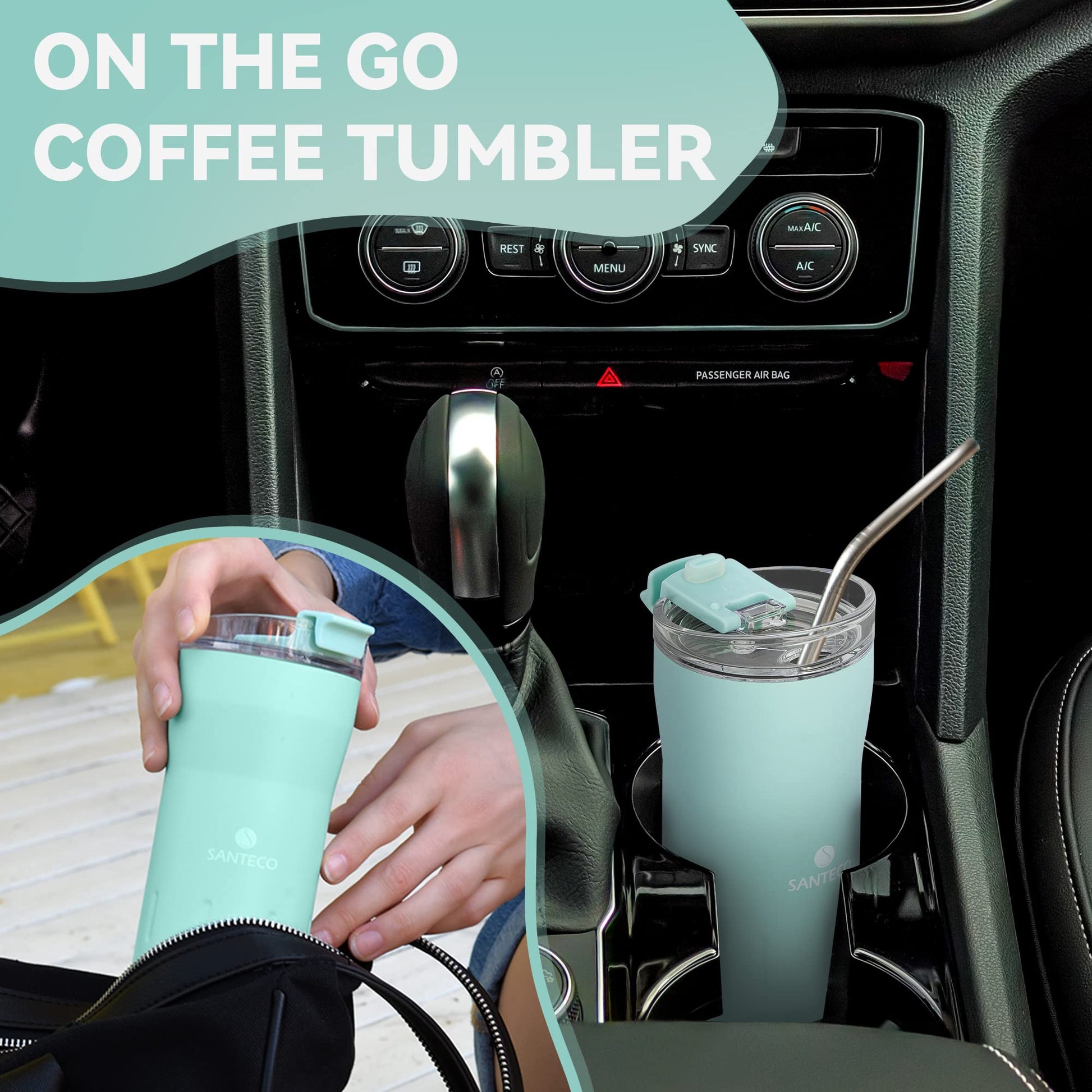 Travel Coffee Mug 12 Oz, Insulated Coffee Cups With Flip Lid, Stainless Steel Coffee Mugs Spill Proof, Double Wall Vacuum Tumblers, Reusable To Go Mug For Hot Ice Coffee Tea Green Mint Green
