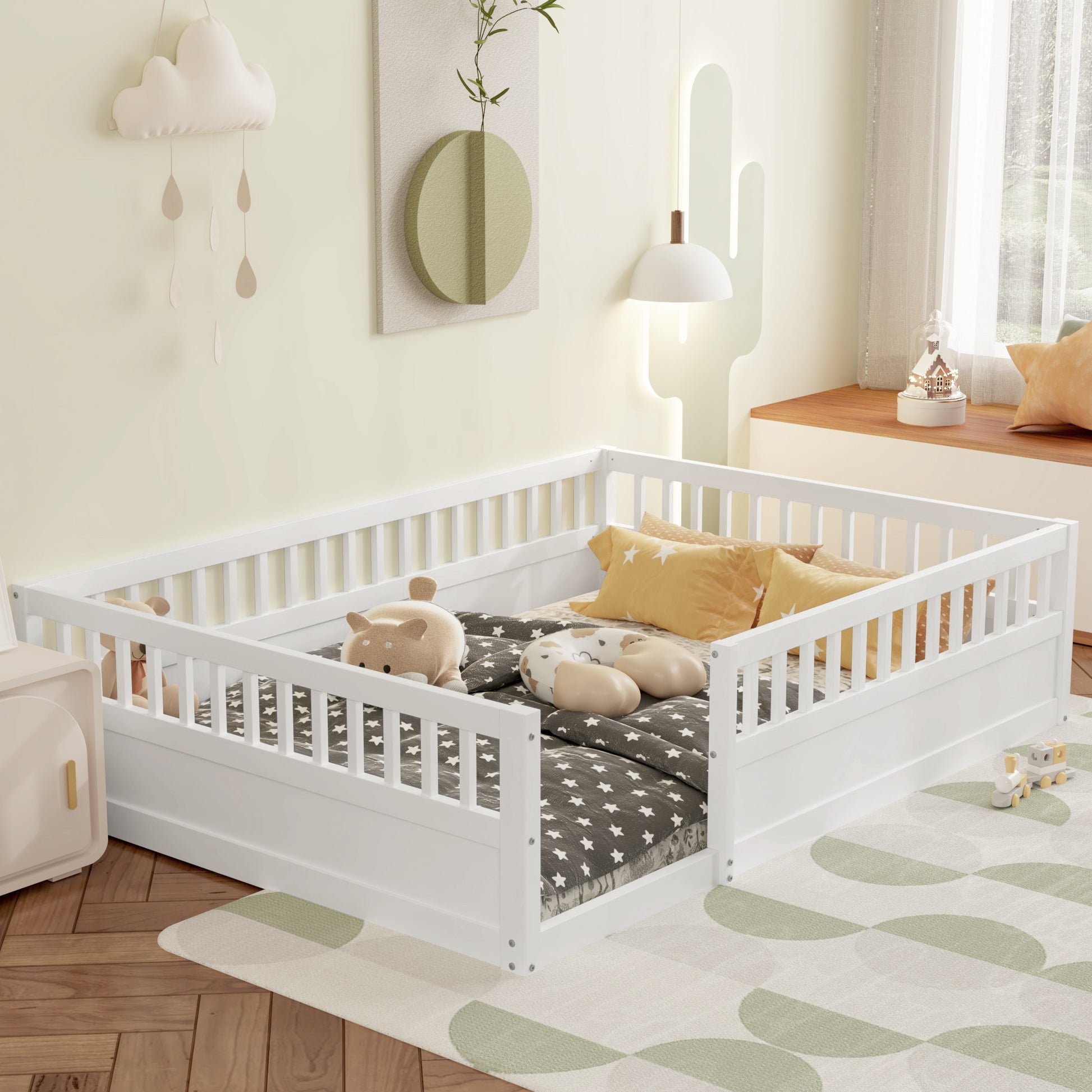 Full Floor Bed Frame With Fence, Wood Kids Floor Beds Frame For Bedroom Playroom,White Expect Arrive Date Jul. 10Th Full White Pine