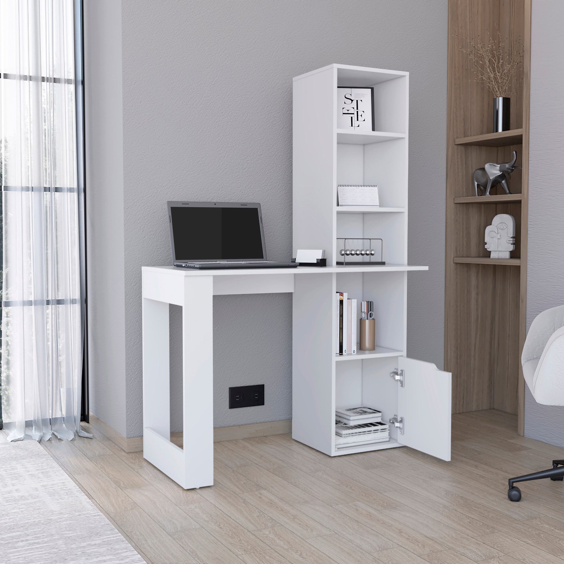 Iowa Computer Desk With 1 Cabinet And 4 Tier Bookcase White Computer Desk Office Modern Freestanding Rectangular Open Storage Desk Rectangular Particle Board Engineered Wood