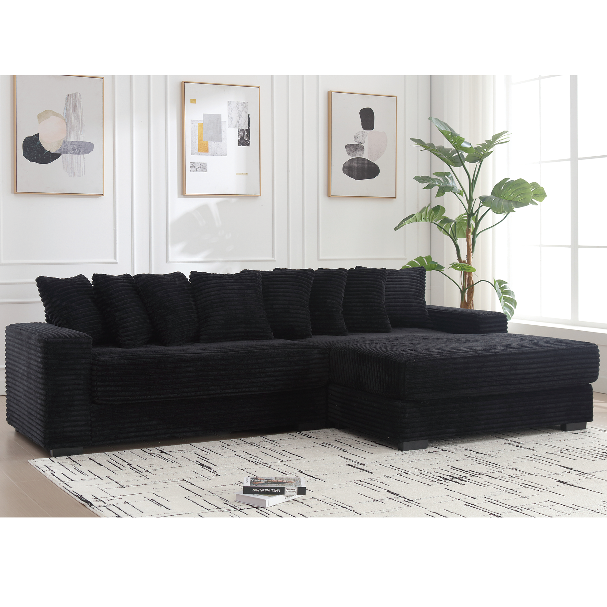 Arrived Oversized Two Piece Couches, L Shaped Sofa, Corduroy, Right Chaise Daybed,With Armrests,Eight Throw Pillows,Corner Sofa,Easy To Assemble, Black Black Polyester Wood Primary Living Space