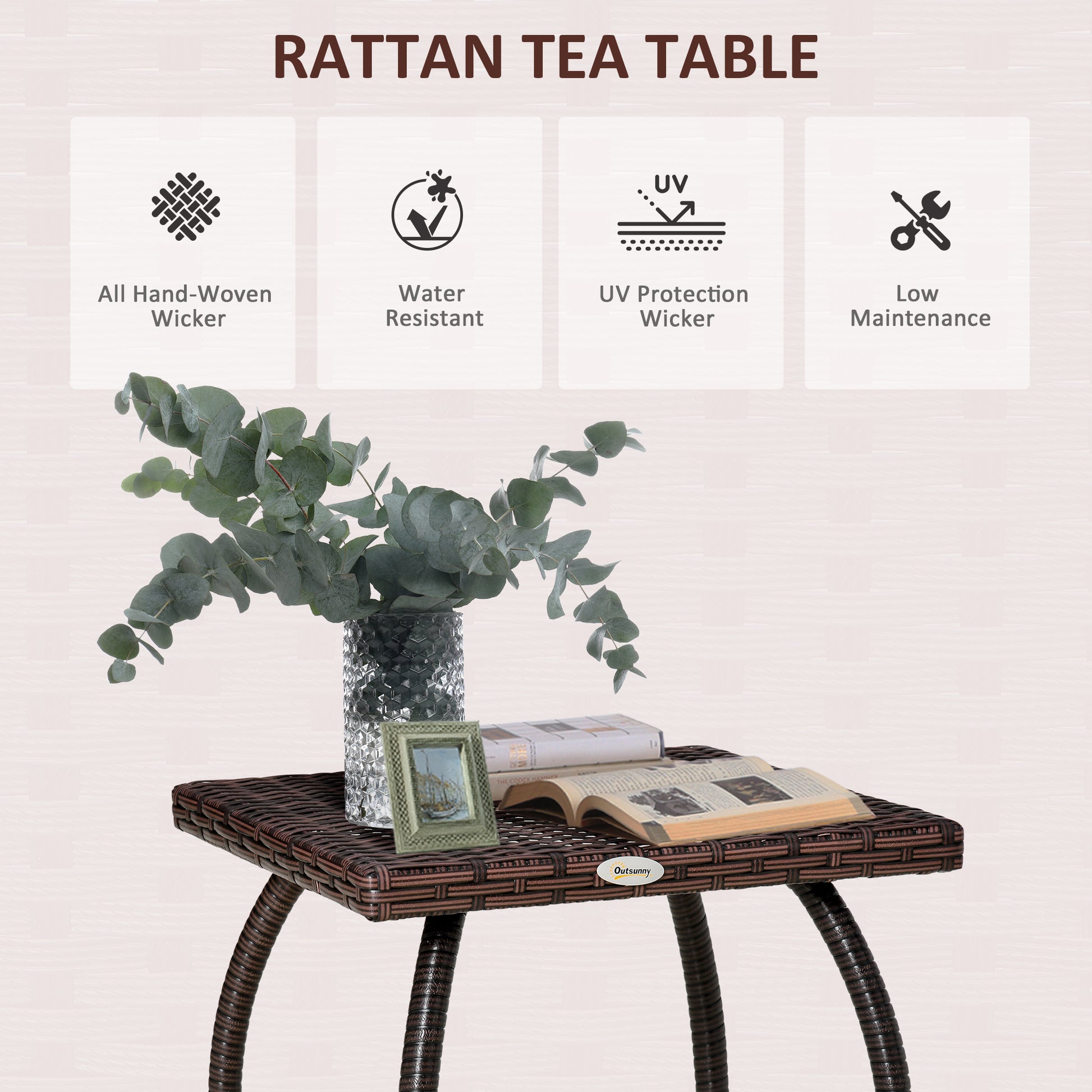 Outdoor Pe Wicker Side Table, Small Square Rattan End Table, All Weather Material Coffee Table For Garden, Balcony, Backyard, Brown Brown Steel