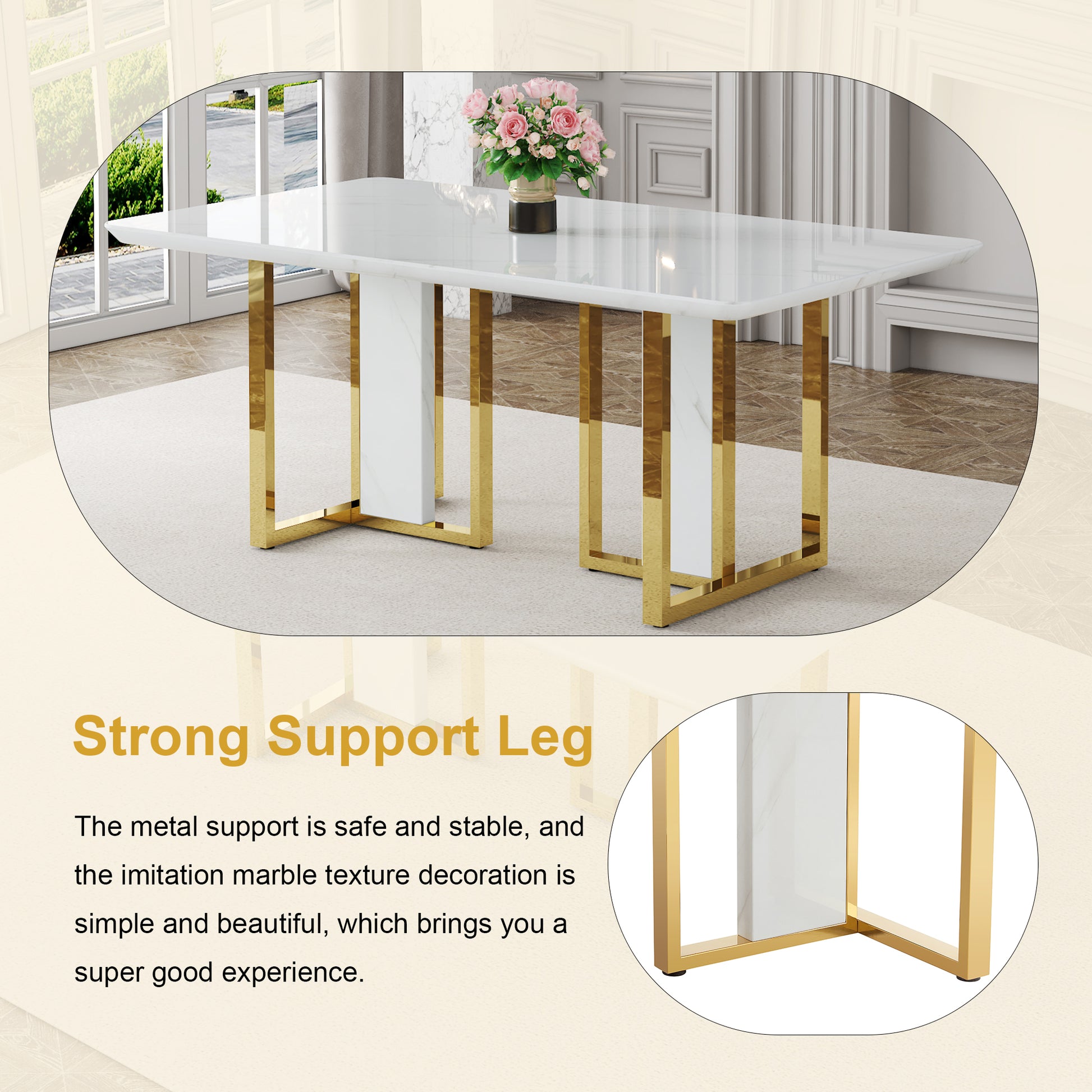 Table And Chair Set.67"X36" White Marble Pattern Mdf Dining Table Set With 6 White Pu Chairs.Mdf Sticker,White Marble Pattern Sticker,Gold C Tube Chair Legs,Suitable For Kitchen,Dining Room,Etc.