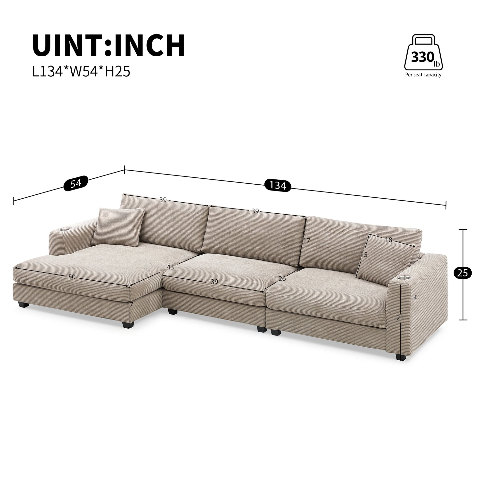 134*54"Oversized Corduroy Sectional Sofa,L Shaped Cloud Couch With Usb Charging Port,Cup Holder,Deep Seat Sofa Bed With 50" Chaise,Comfy Indoor Furniture For Living Room,3 Colors Khaki Corduroy 4 Seat