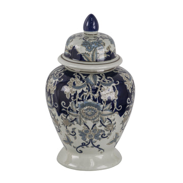 17 Inch Porcelain Ginger Jar With Lid, Vintage Blue And White Flower Design White Blue Polyresin