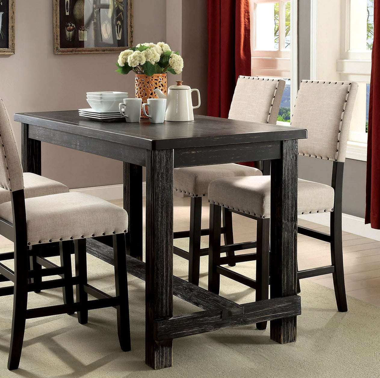 Antique Black Wooden 5Pc Counter Height Dining Set Table And 4X Chairs Beige Linen Like Fabric Cushions Trim Chairs Wood Dining Room Solid Wood Rectangular Dining Table With Chair Upholstered Chair Wood Beige Black Solid Back Seats 4 60 Inches