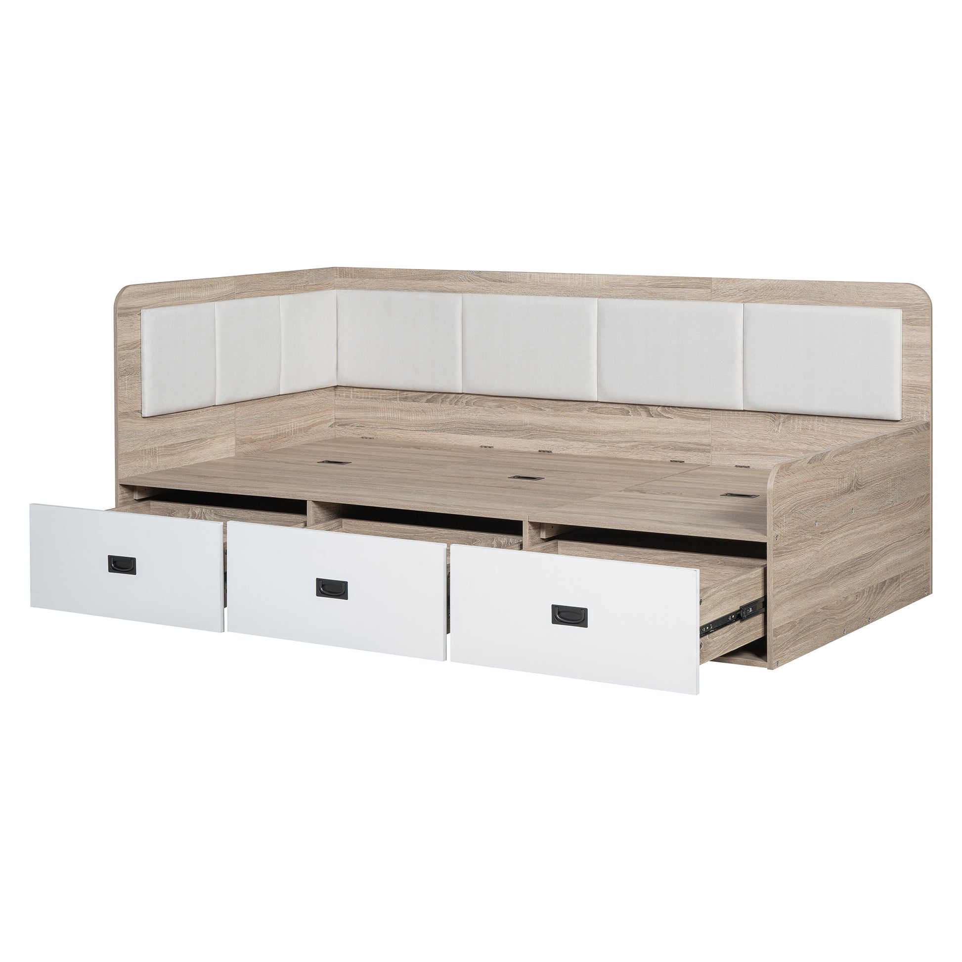 Twin Size Daybed With Three Drawers And Three Storage Compartments, Nature Beige Twin Beige Natural Mdf