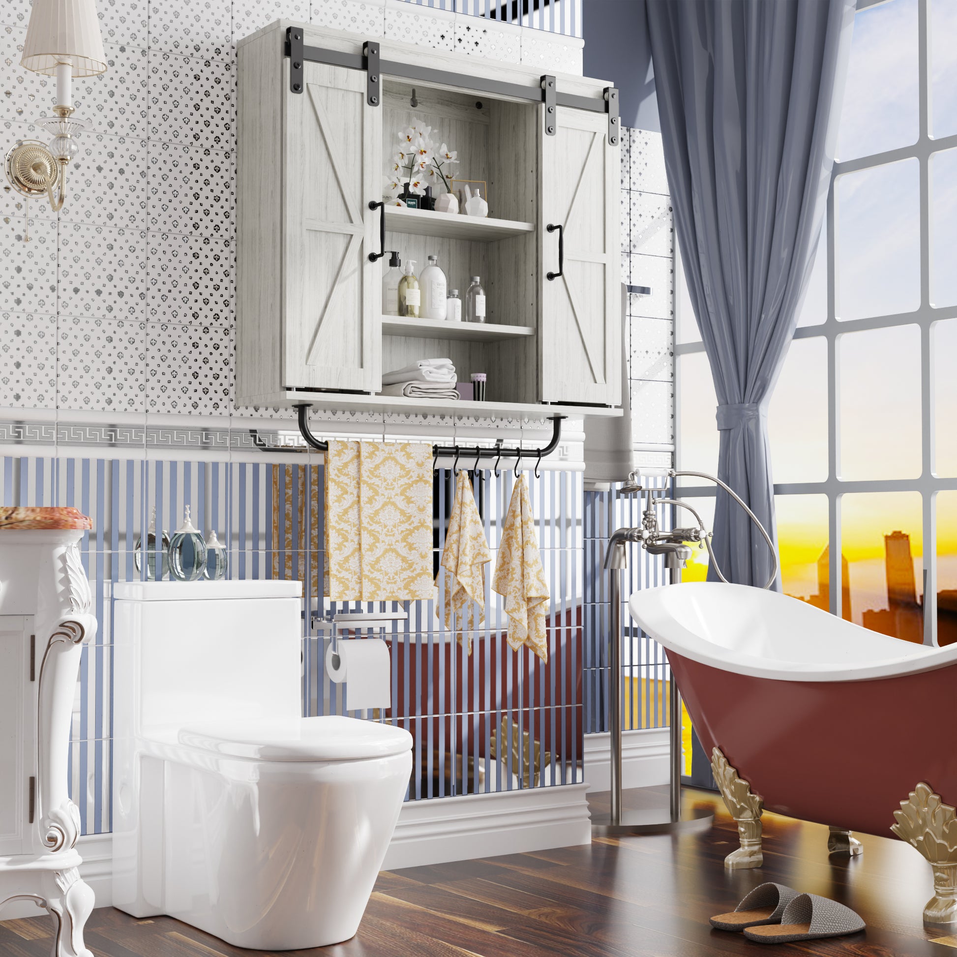 Rustic Wood Wall Storage Cabinet With Two Sliding Barn Door, 3 Tier Decorative Farmhouse Vintage Cabinet For Kitchen Dining, Bathroom, Living Room, Vintage Gray Gray Adjustable Shelves Particle