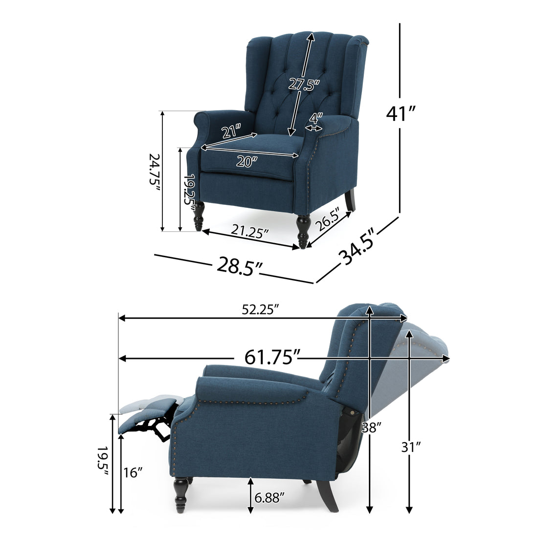 Dark Blue Tufted Fabric Arm Chair Recliner Dark Blue Polyester