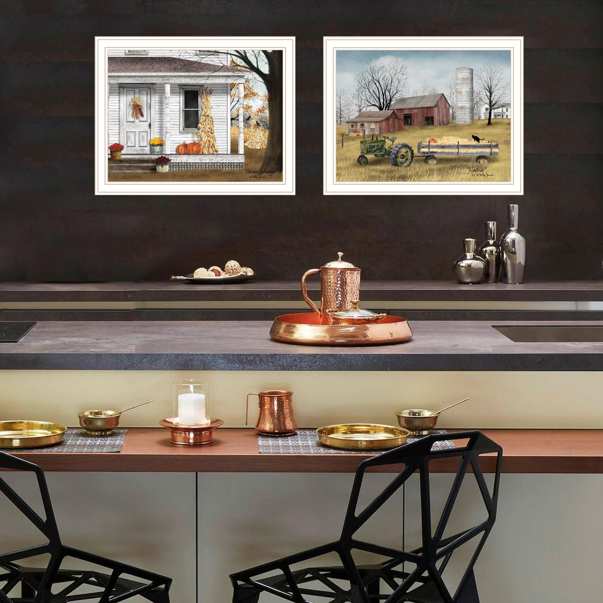 2 Piece Vignette Autumn Greetings White Framed Wall Art For Living Room, Bedroom Wall Art Print For Home Decor By Billy Jacobs Multicolor Wood Paper