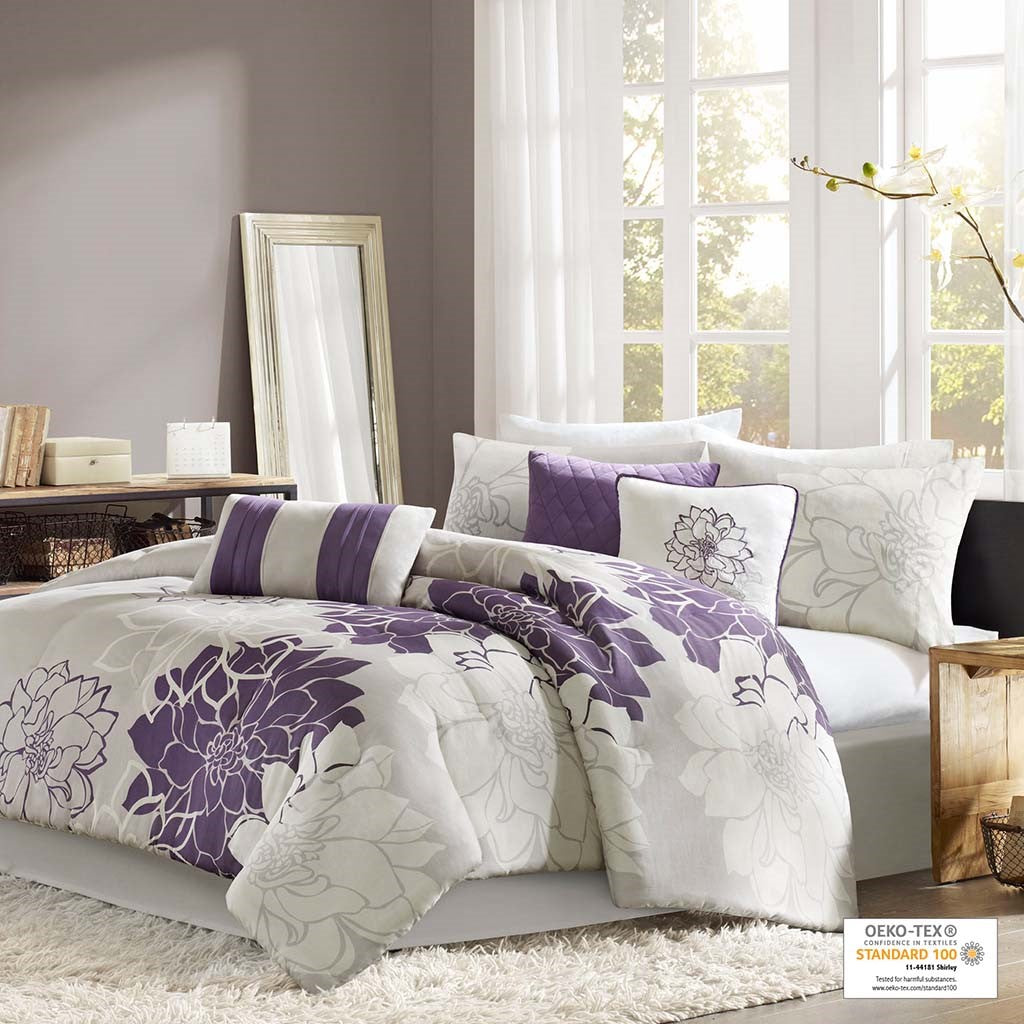 Printed Cotton Sateen Comforter Set Taupe Grey Purple Queen Queen Purple Cotton