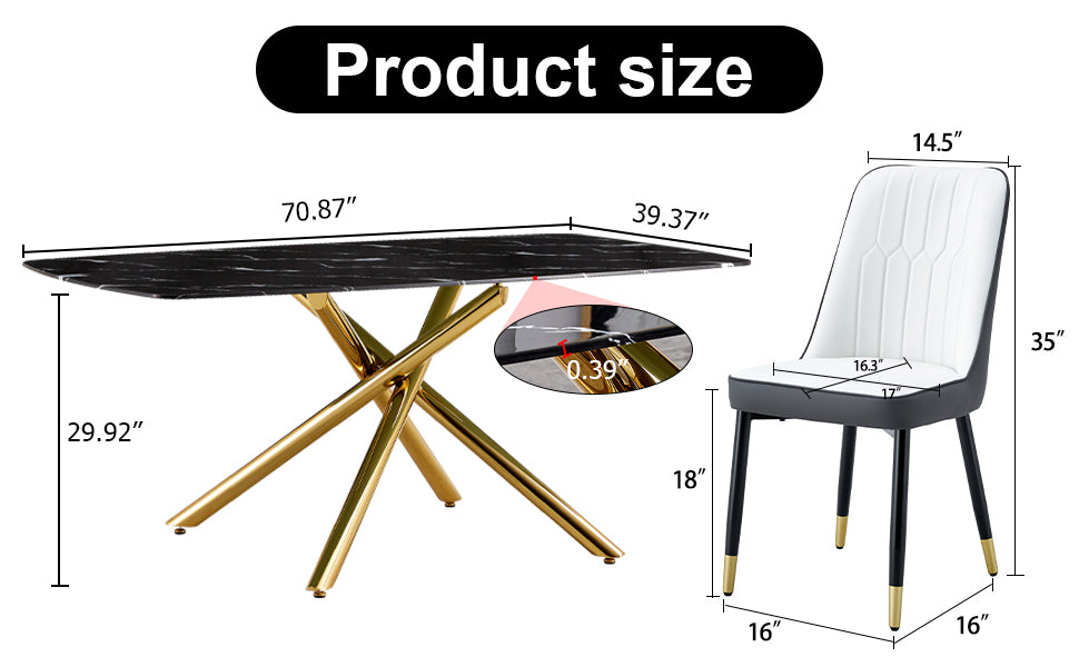 Large Modern Minimalist Rectangular Dining Table With 0.39 "Imitation Marble Black Tabletop And Golden Metal Legs, Paired With Chairs With Pu Cushions And Black Metal Legs. F 1537 C 007 Black Gold Glass Metal