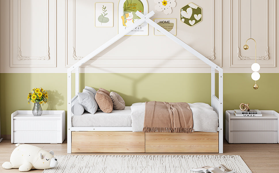 Twin Size Metal House Bed With Two Drawers, White Twin White Metal