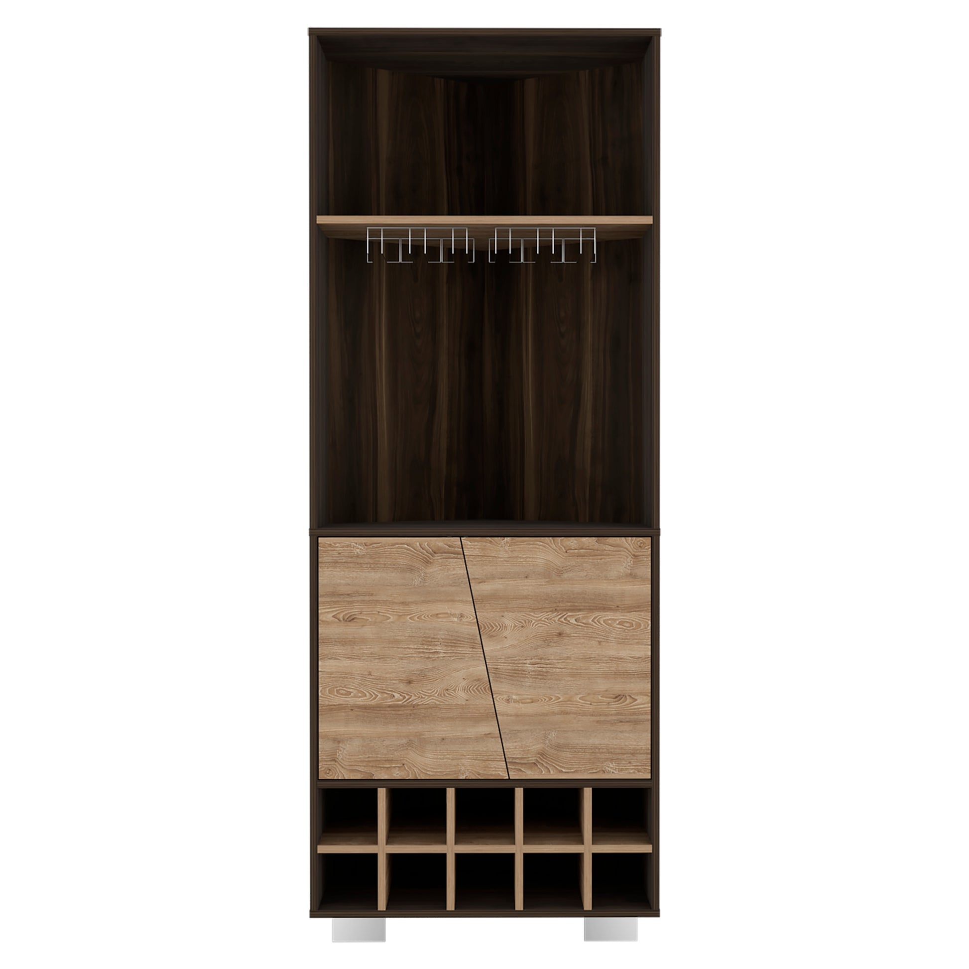 Fraktal Corner Bar Cabinet, Ten Built In Wine Rack, Two Shelves, Double Door Dark Oak Pine Dark Brown Dining Room Modern Particle Board