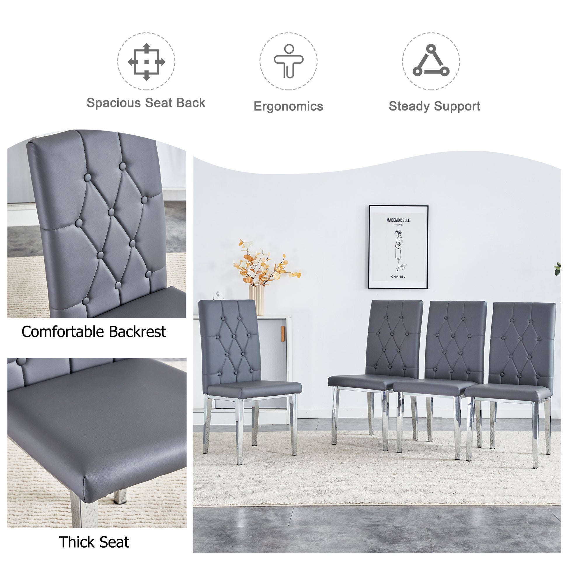 Table And Chair Set, Modern Dining Table, Tempered Glass Tabletop And Silver Colored Leg Table, Soft And Comfortable Dining Chair, Perfect For Dinner, Meetings, Home And Office Decor Gray Seats 4 Glass