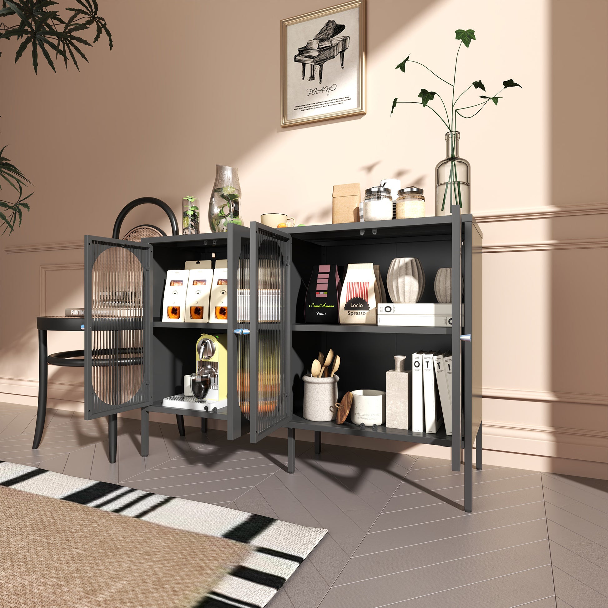 Metal Sideboard Cabinet With 4 Glass Door, Steel Locker Sideboard Buffet Cabinet, Sideboard Buffet Cabinet With 4 Doors, Kitchen Storage Cabinet, Coffee Bar Cabinet For Kitchen, Living Room, Black