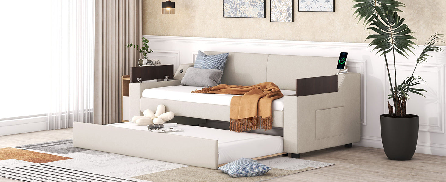 Twin Size Upholstery Daybed With Storage Arms, Trundle And Usb Design, Beige Old Sku:Gx000547Aaa Box Spring Not Required Twin Beige Wood Upholstered
