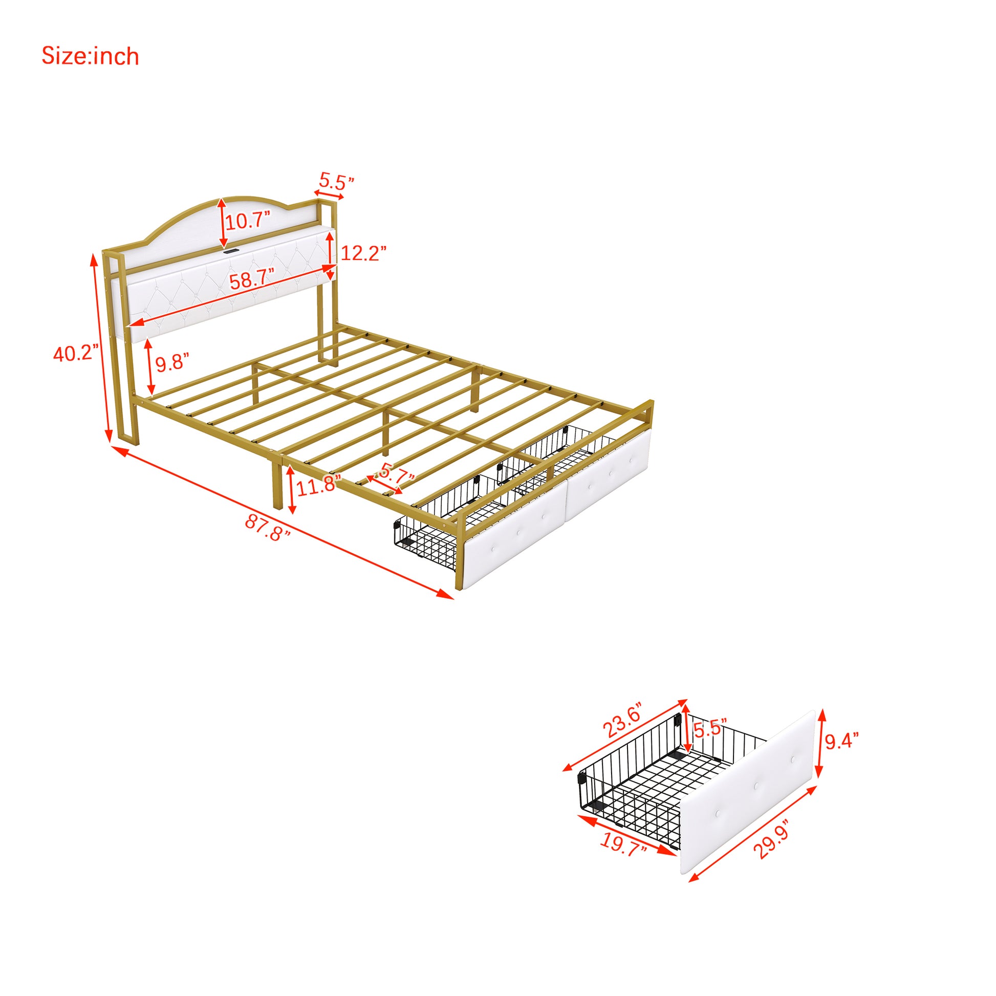 Metal Platform Bed With 2 Drawers, Storage Headboard, Queen, Gold Queen Gold White Fabric Metal