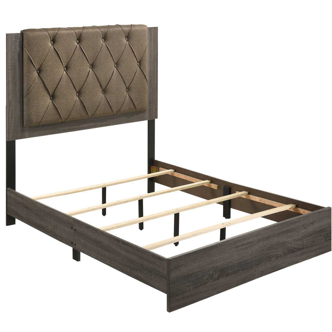 Brown And Rustic Grey Oak Tufted Queen Bed Box Spring Required Queen Brown Wood Bedroom Transitional Panel Wood Fabric