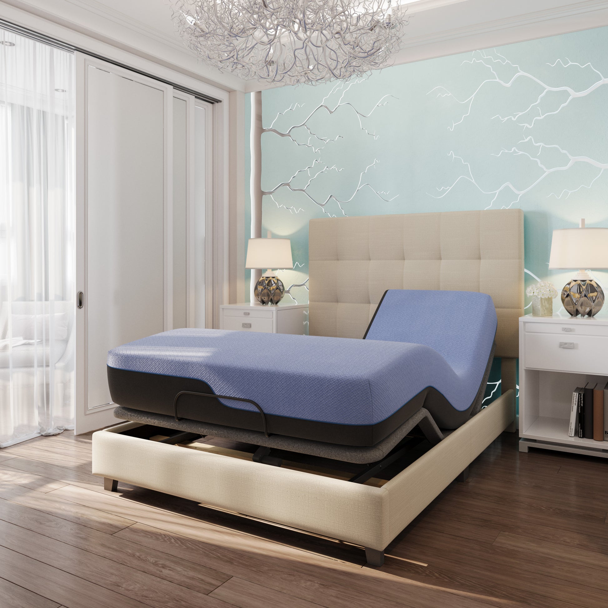 12 Inch Refresh Flex Head Memory Foam Hybrid Mattress And Adjustable Base Bundle, Queen Size Queen Blue Foam Foam Spring