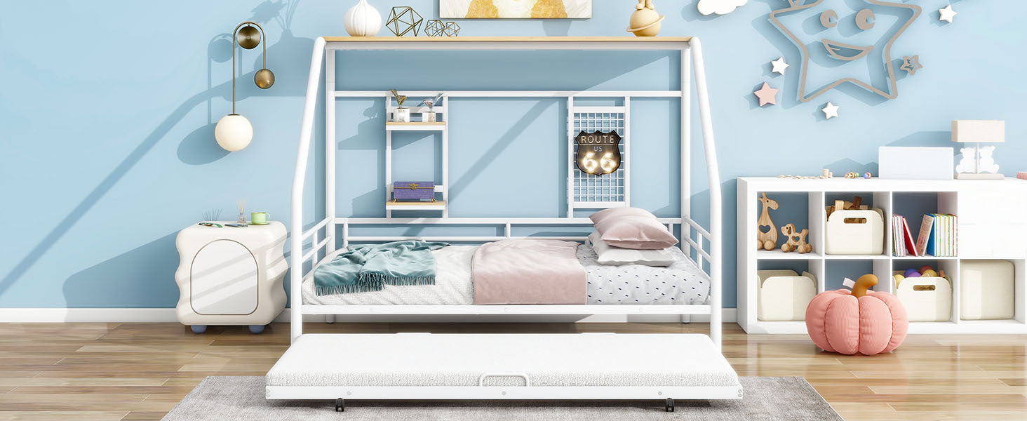 Full Size Metal House Bed With Trundle, White Full White Metal