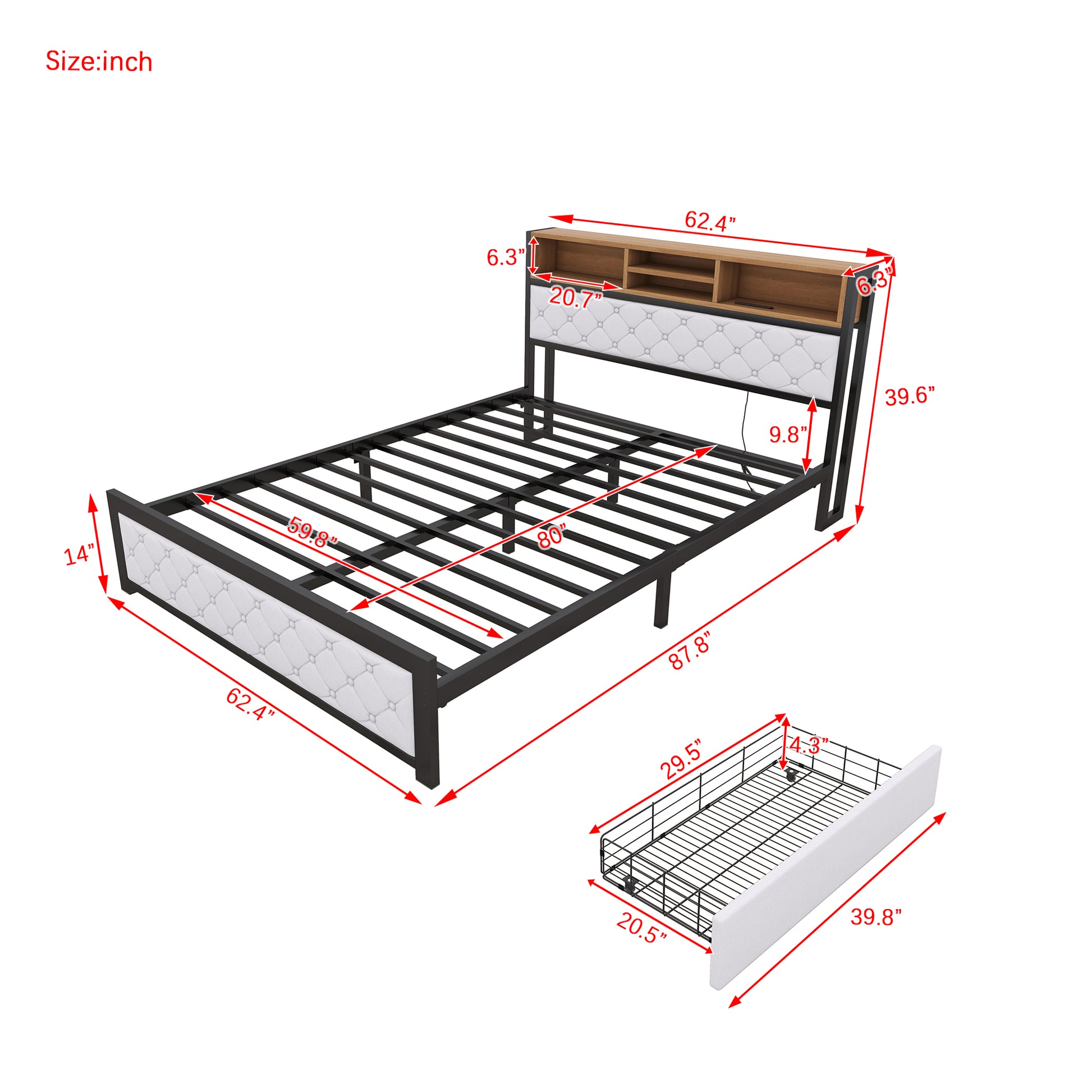 Metal Queen Size Platform Bed With 4 Drawers, Upholstered Headboard And Footboard, Sockets And Usb Ports, White Queen White Black Fabric Metal