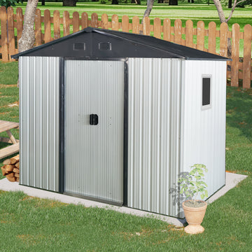 8Ft X 4Ft Outdoor Metal Storage Shed With Window And Metal Foundation For Backyard, Patio, Lawn White And Black White Black Metal