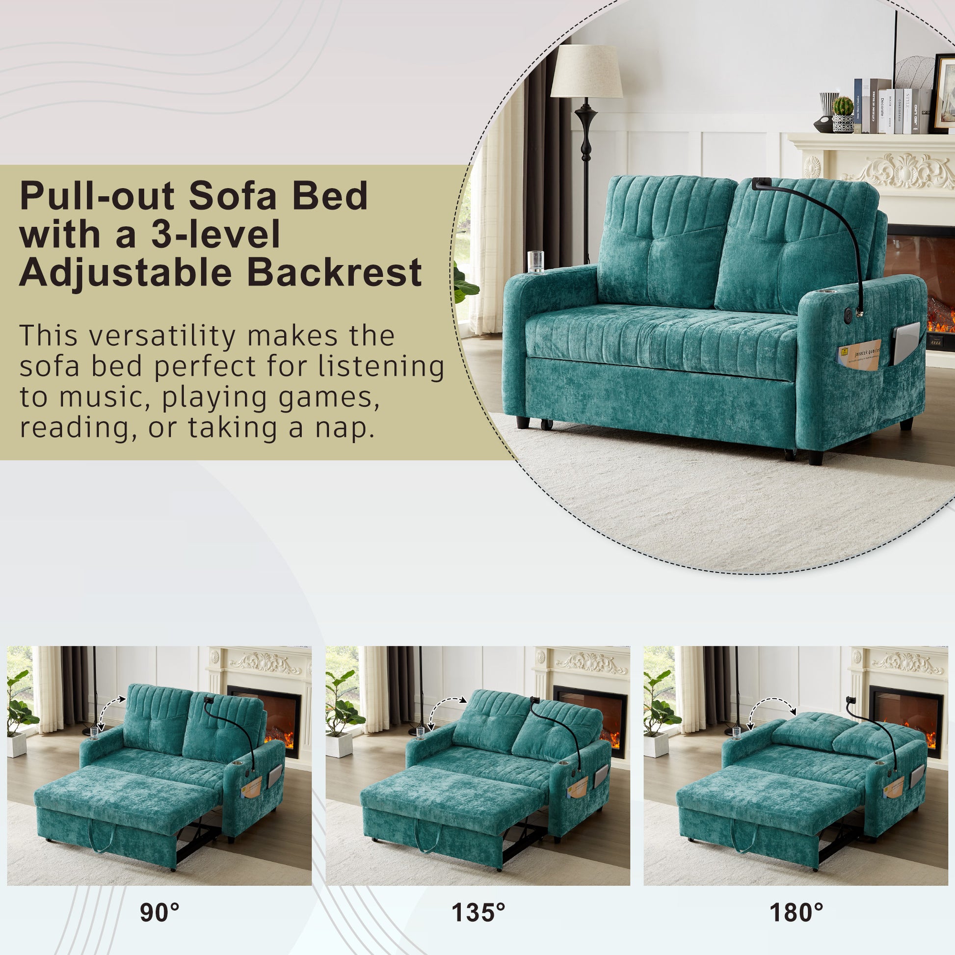 53.9" Modern Loveseat Pull Out Sofa Bed With Adjustable Backrest, Two Cup Holdersa Phone Holder, Three Charging Ports And Side Storage Pockets For Living Room, Teal Teal Foam Chenille