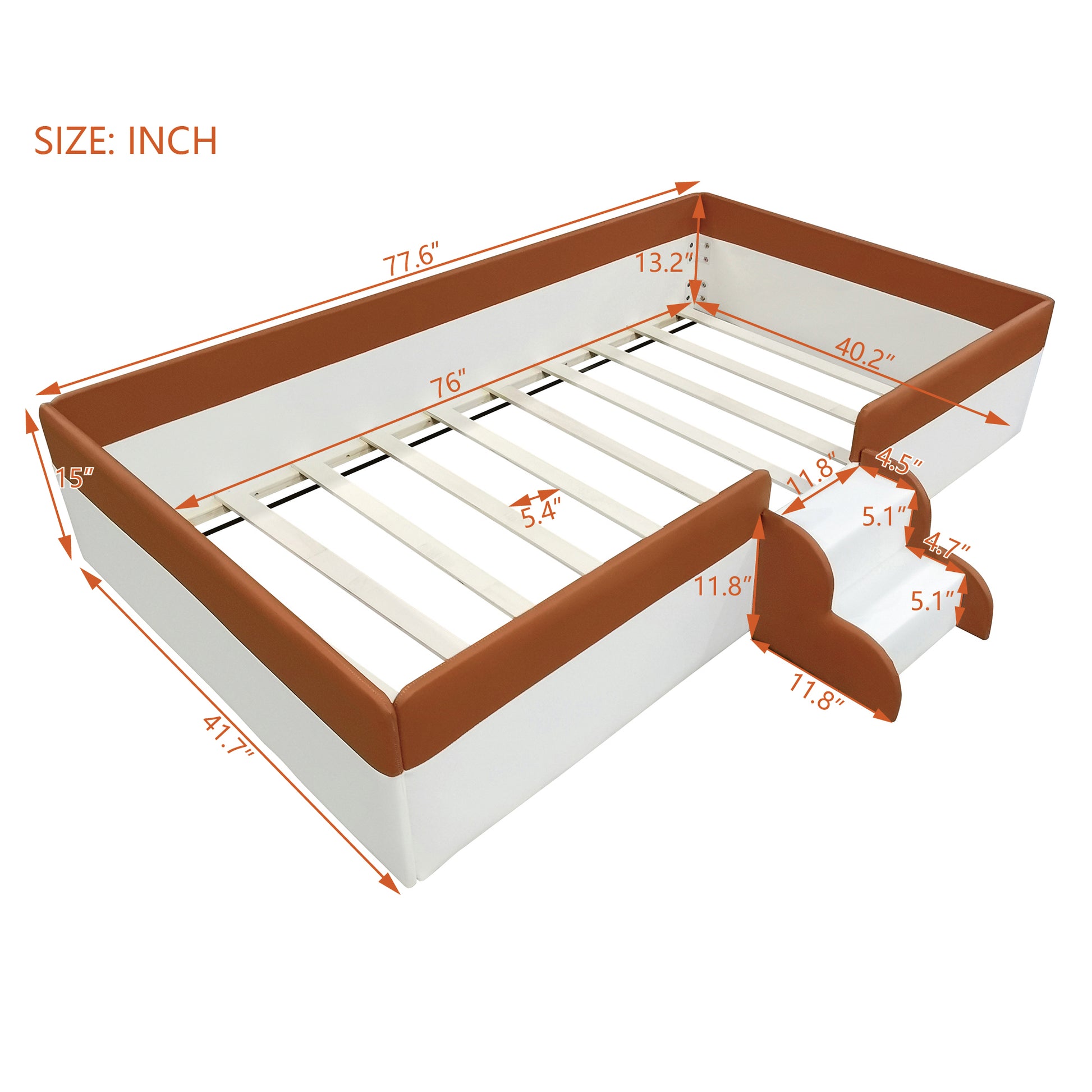 Twin Size Upholstered Daybed Frame With Fence And Stairs, Brown White Twin Brown White Mdf Lvl