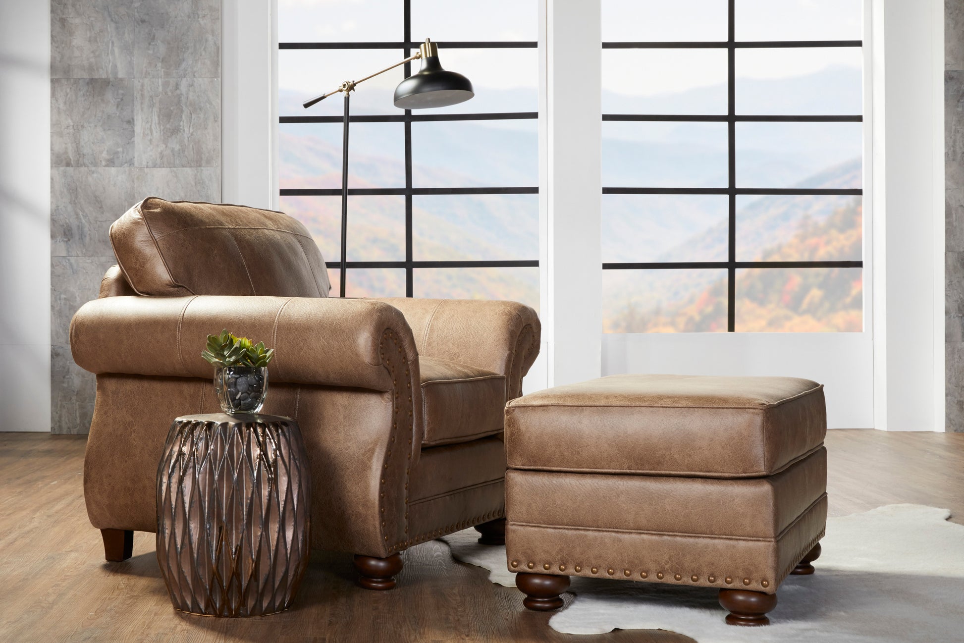 Leinster Faux Leather Arm Chair And Ottoman 2 Pieces Set Brown American Traditional,Traditional Faux Leather