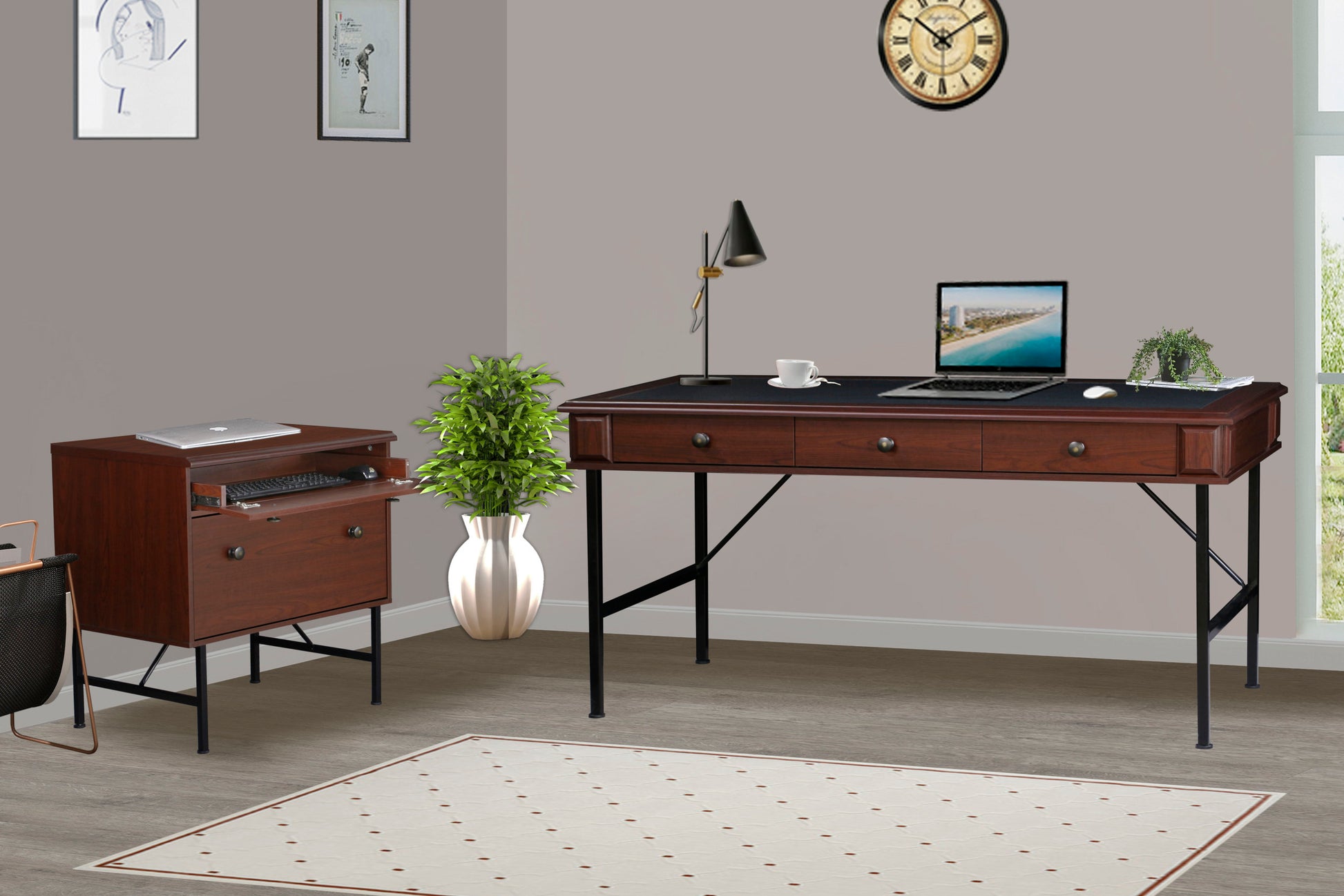 63" Writing Desk "Chic Cherry And Black Dual Tone Office Desk Elegant, Durable Writing Table With Storage Drawers And Metal Frame" Cherry Solid Wood