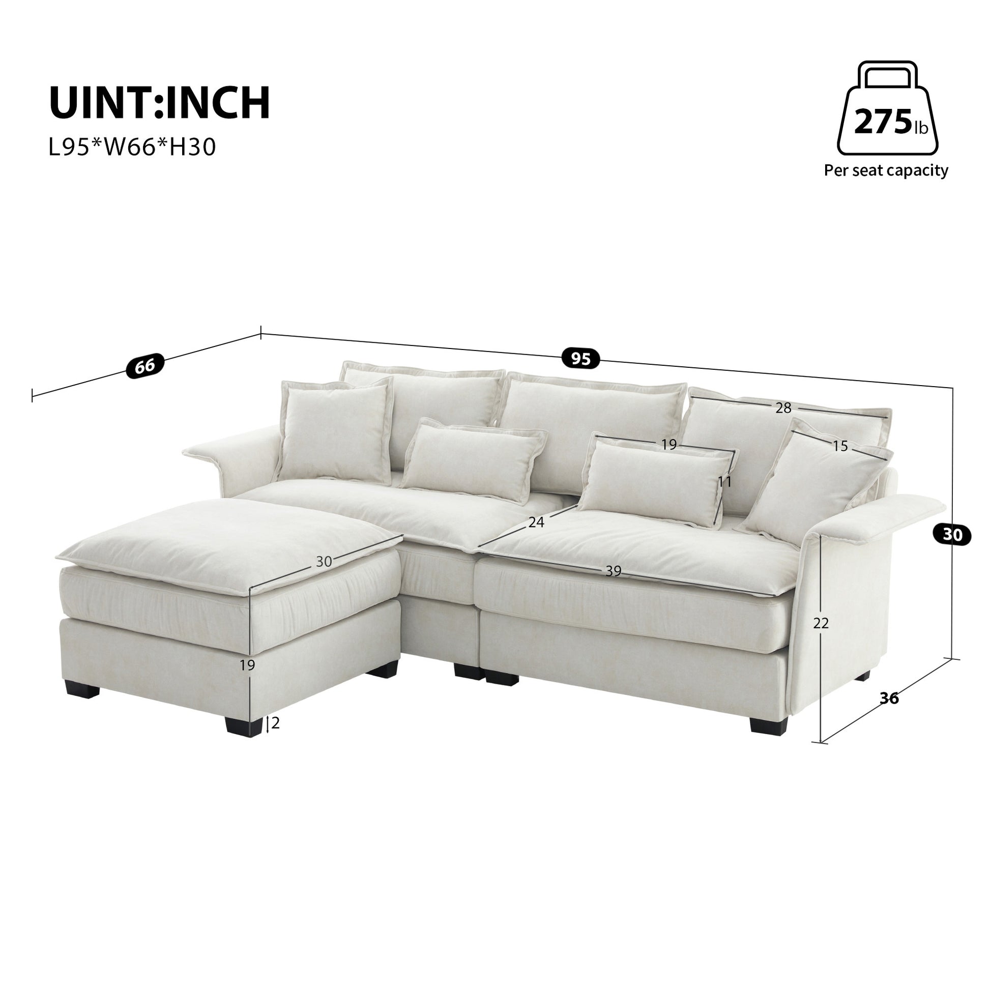 95*66"Oversized Luxury Sectional Sofa With Bentwood Armrests,4 Seat Upholstered Indoor Furniture With Double Cushions,L Shape Couch With Ottoman For Living Room,Apartment,3 Colors Beige Fabric 4 Seat